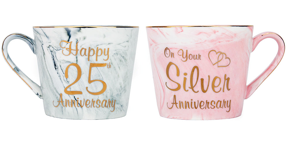 Beautiful 25th Anniversary Grey and Pink Marble Ceramic Mugs with Golden Trim Image 1