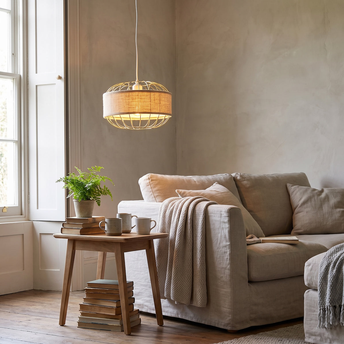 Unique Pendant Shade with Gold Metal Wire Frame and Linen Fabric Band Image 6