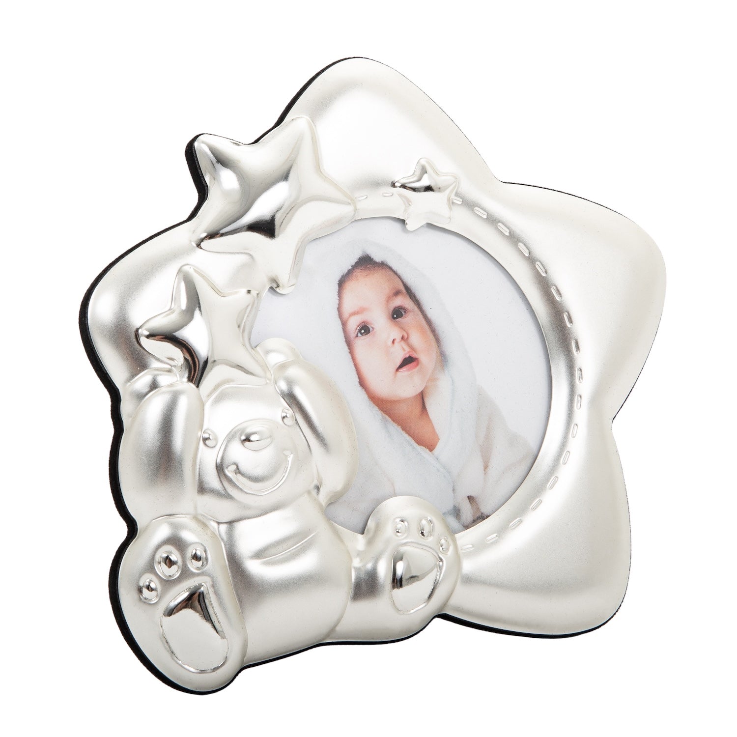 Star Shaped Silver Plated Baby Photo Frame with Teddy Bear and Decorative Stars Image 1