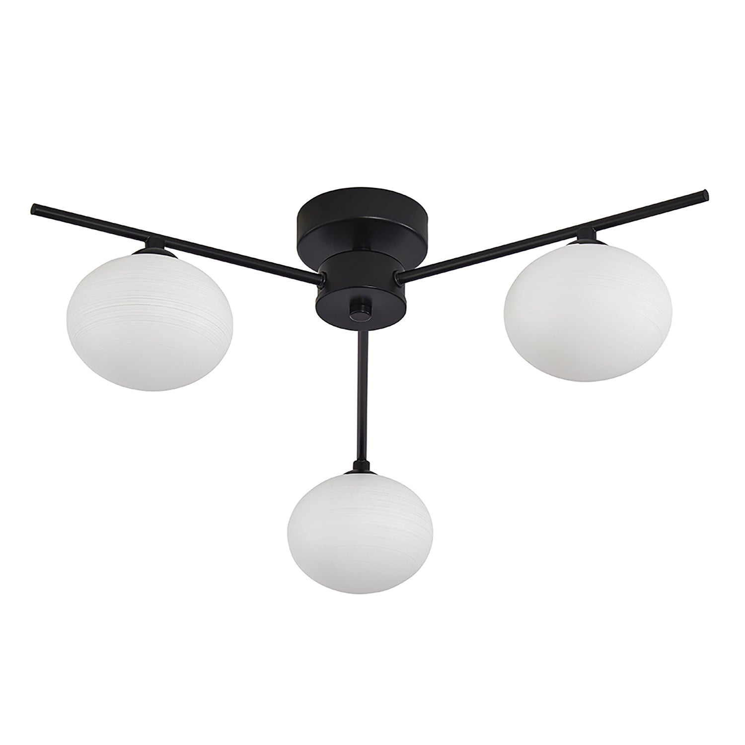 Modern Triple Branch Black Ceiling Light Fitting with White Swirl Glass Shades Image 2