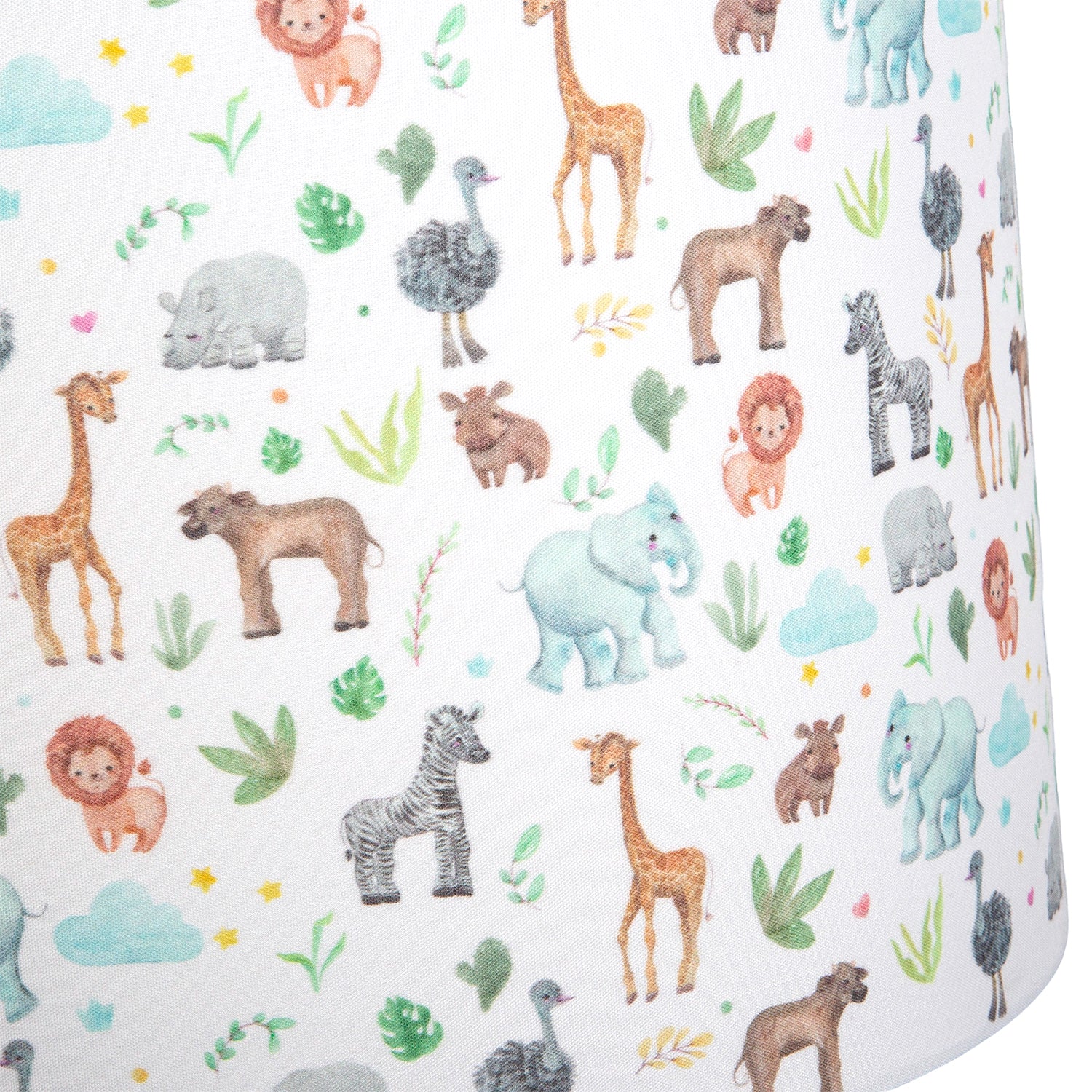 Safari Themed White Cotton Lamp Shade with Hand Drawn Pastel Coloured Animals Image 3