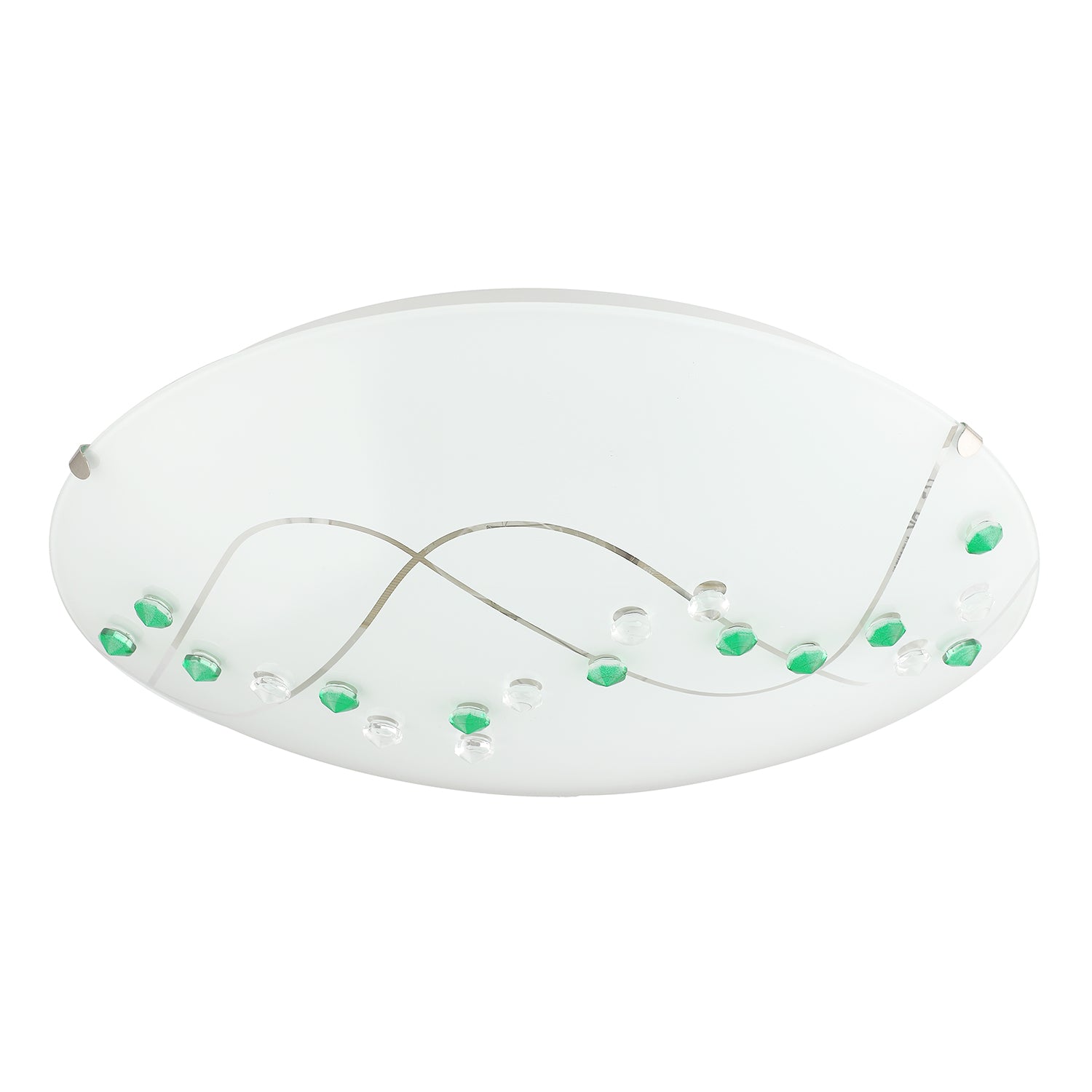 Contemporary Round Opal Glass Ceiling Light with Green and Clear Crystal Buttons Image 1