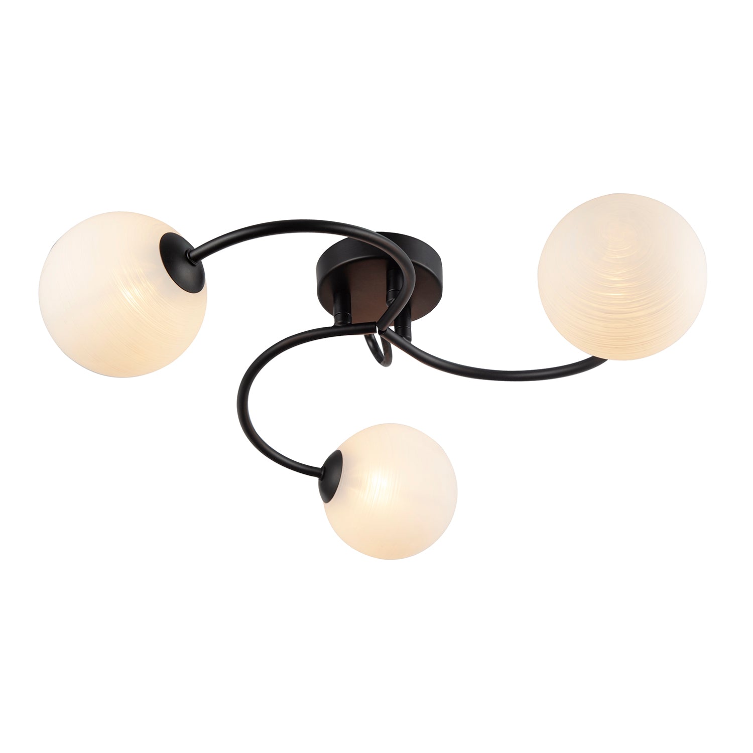 Modern 3-Arm Matte Black Ceiling Light with Opal Swirl Glass Spherical Shades Image 4