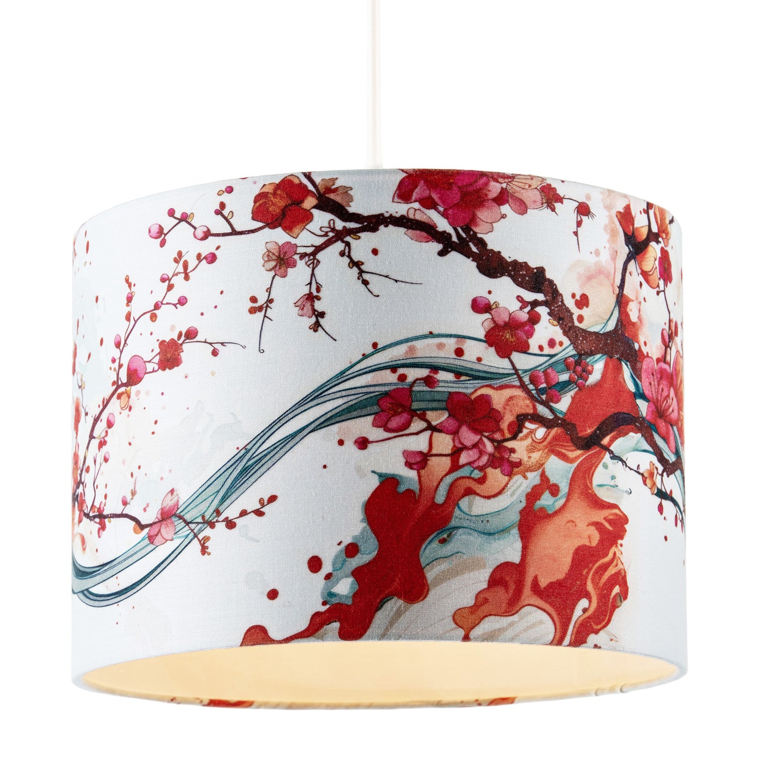 Red Cherry Blossom Watercolour Japanese Themed Fabric Drum Lamp Shade Image 2
