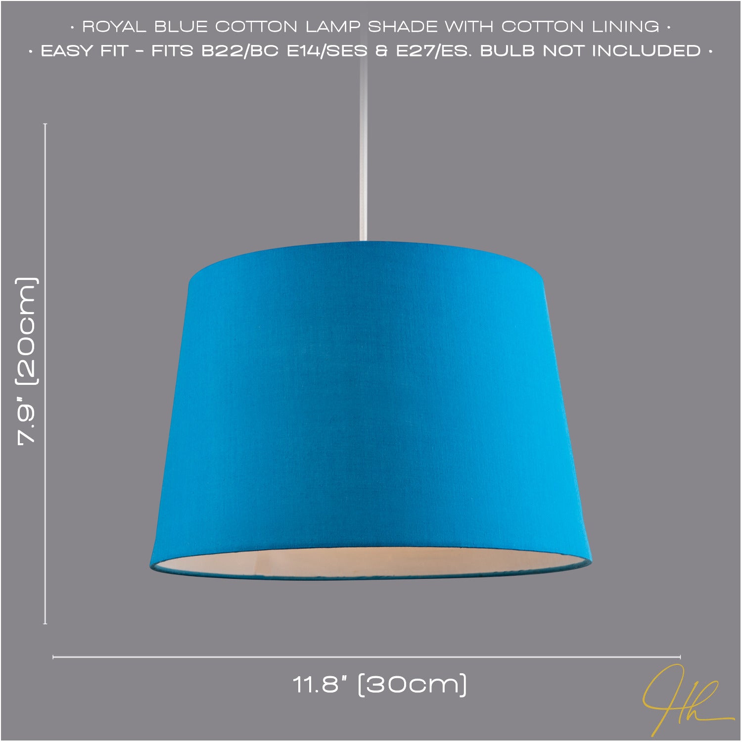 Royal Blue Cotton Fabric 12inch Drum Lampshade with White Cotton Inner Image 6