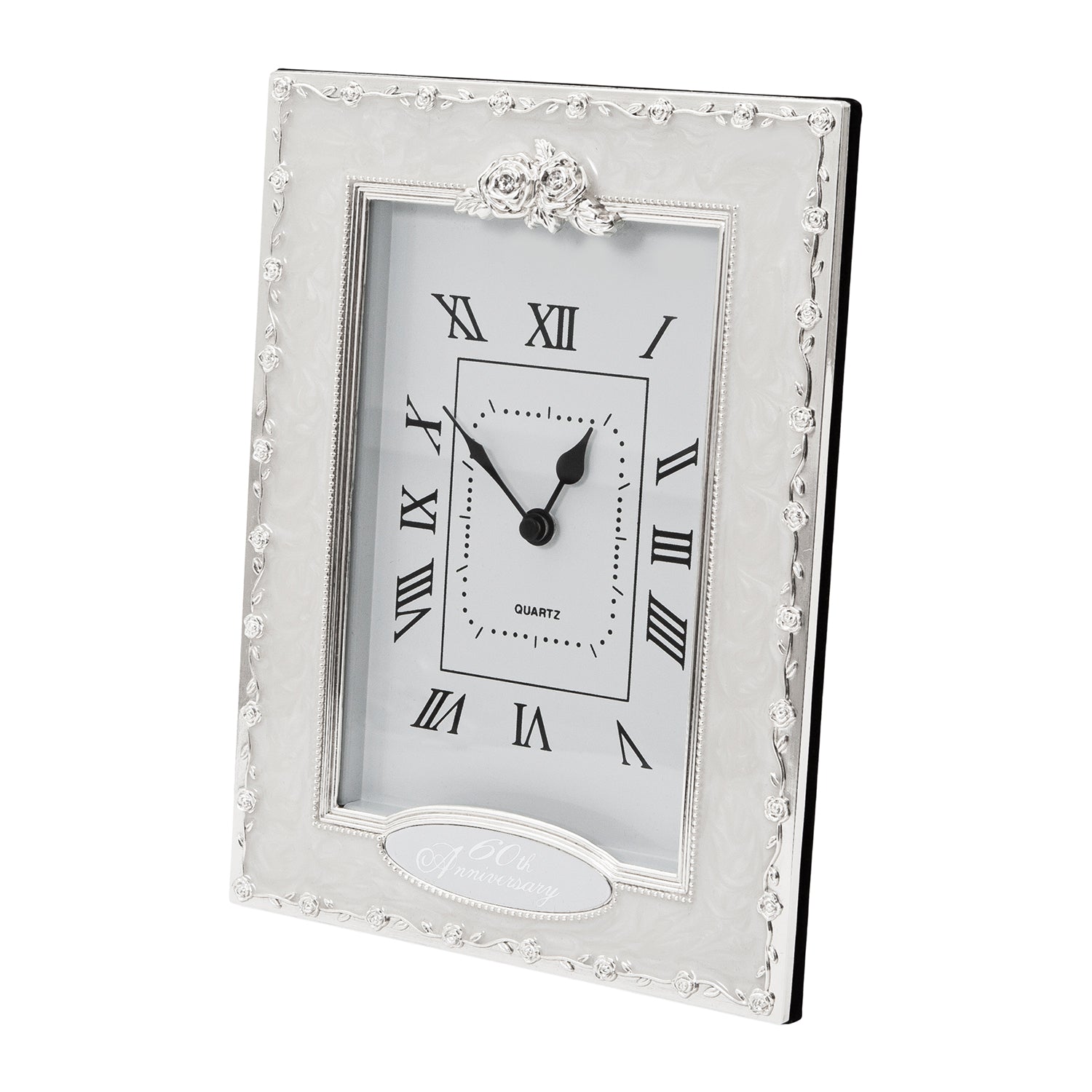 60th Anniversary Clock in White Epoxy with Silver Plated Metal Roses Image 1