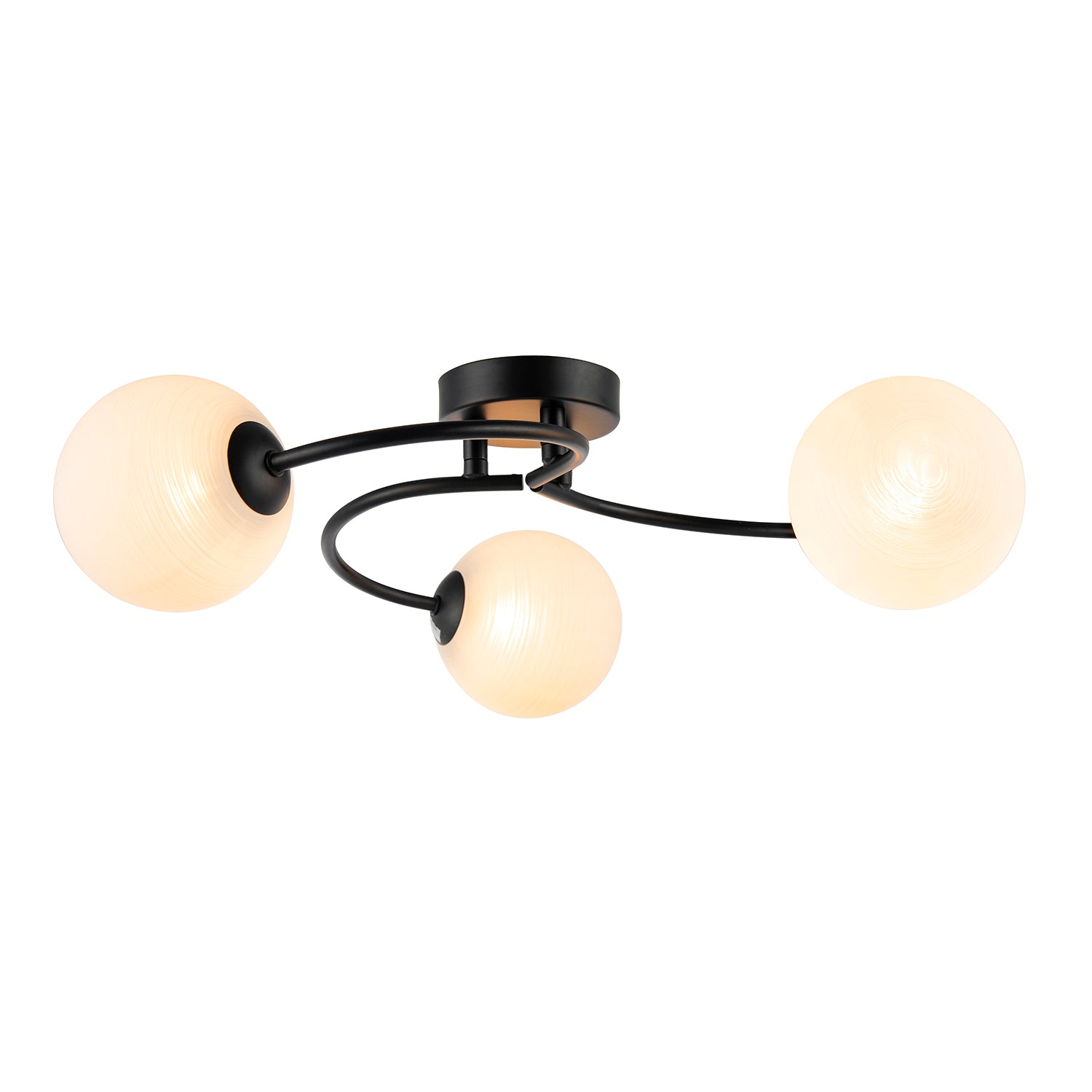 Modern 3-Arm Matte Black Ceiling Light with Opal Swirl Glass Spherical Shades Image 2