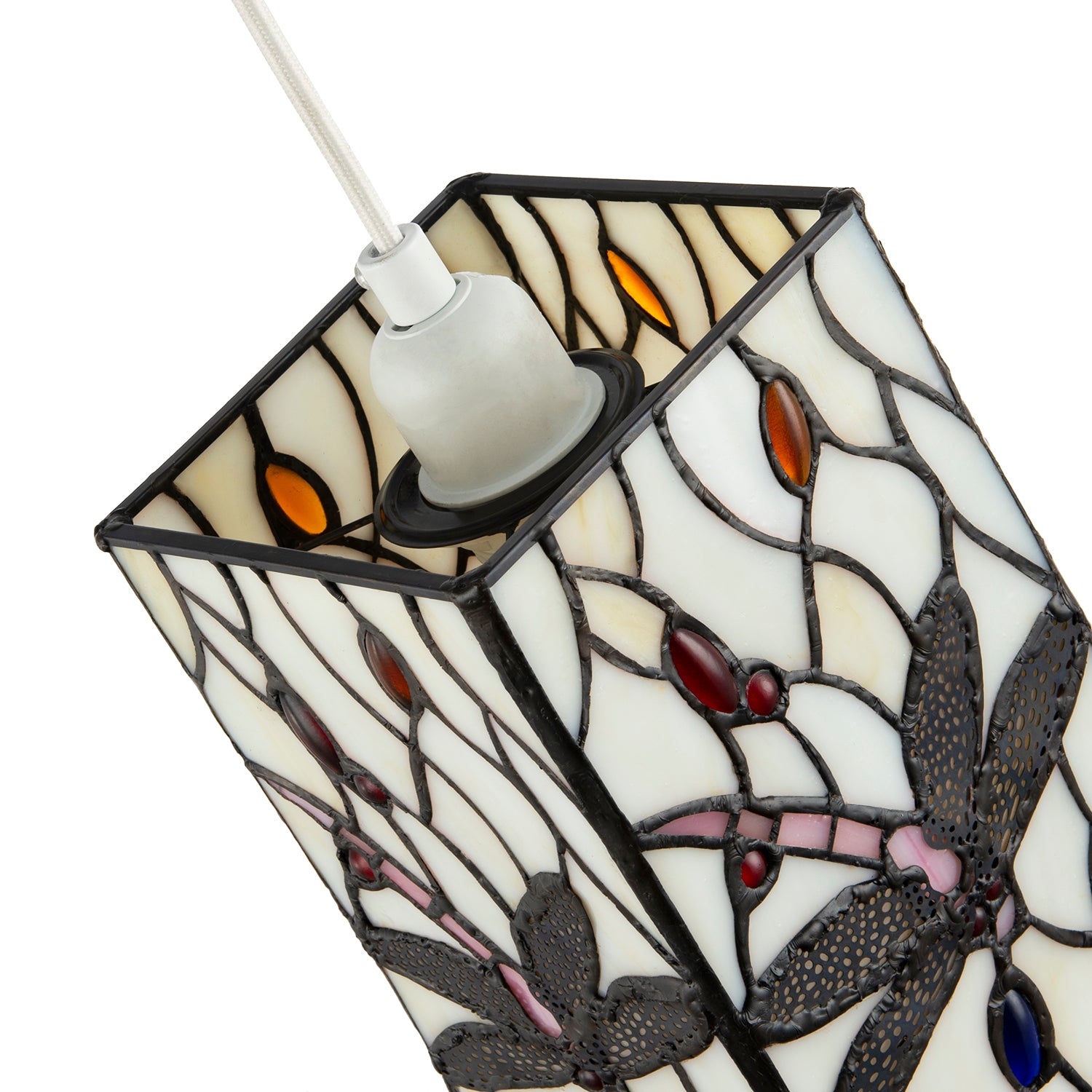 White Stained Glass Dragonfly Rectangular Tiffany Pendant Light Shade Image 3