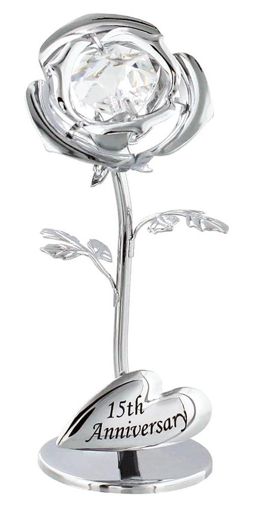 Modern "15th Anniversary" Silver Plated Flower with Clear Swarovski Crystal Bead Image 1