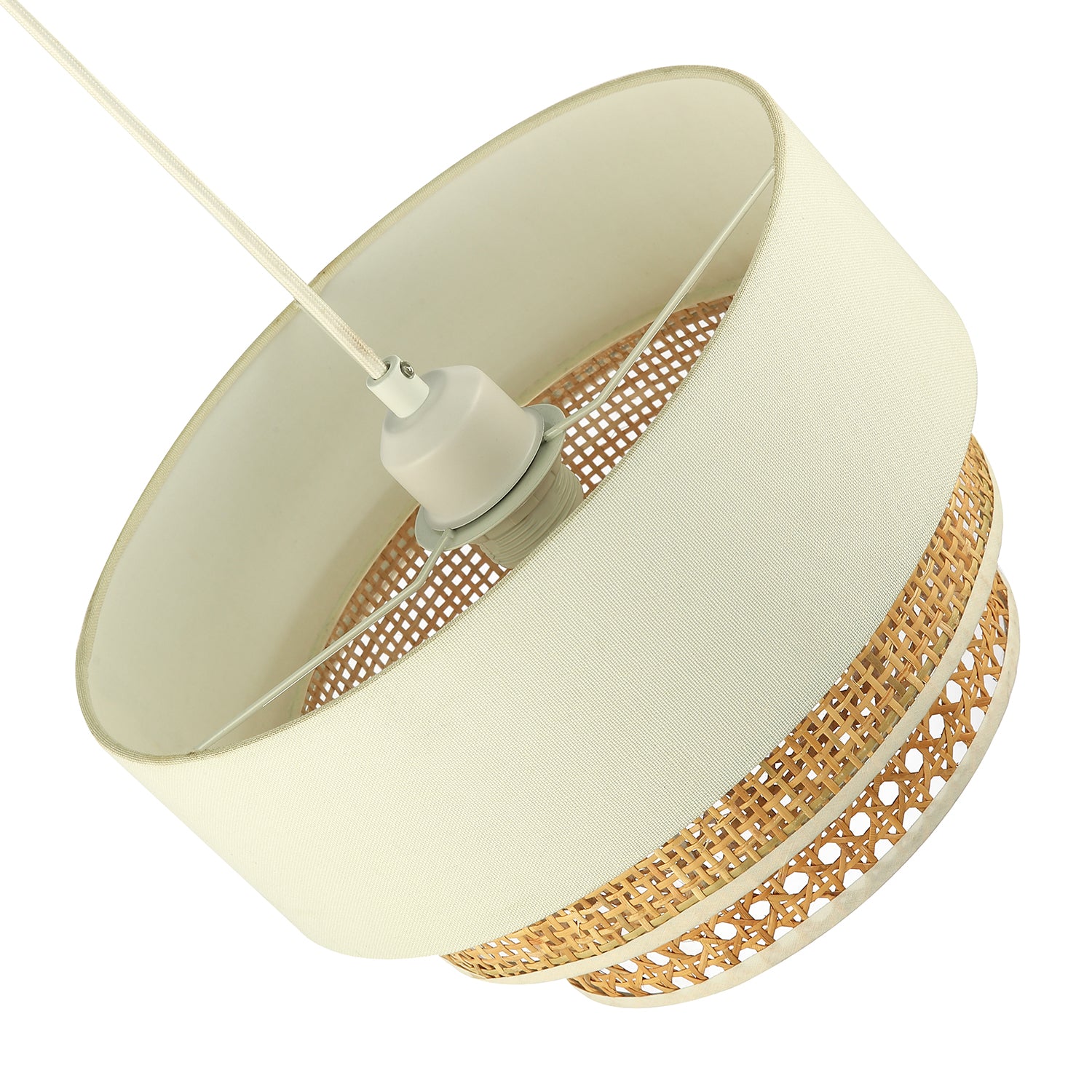 Contemporary Triple Tier Cream Linen and Natural Rattan Pendant Shade Image 3