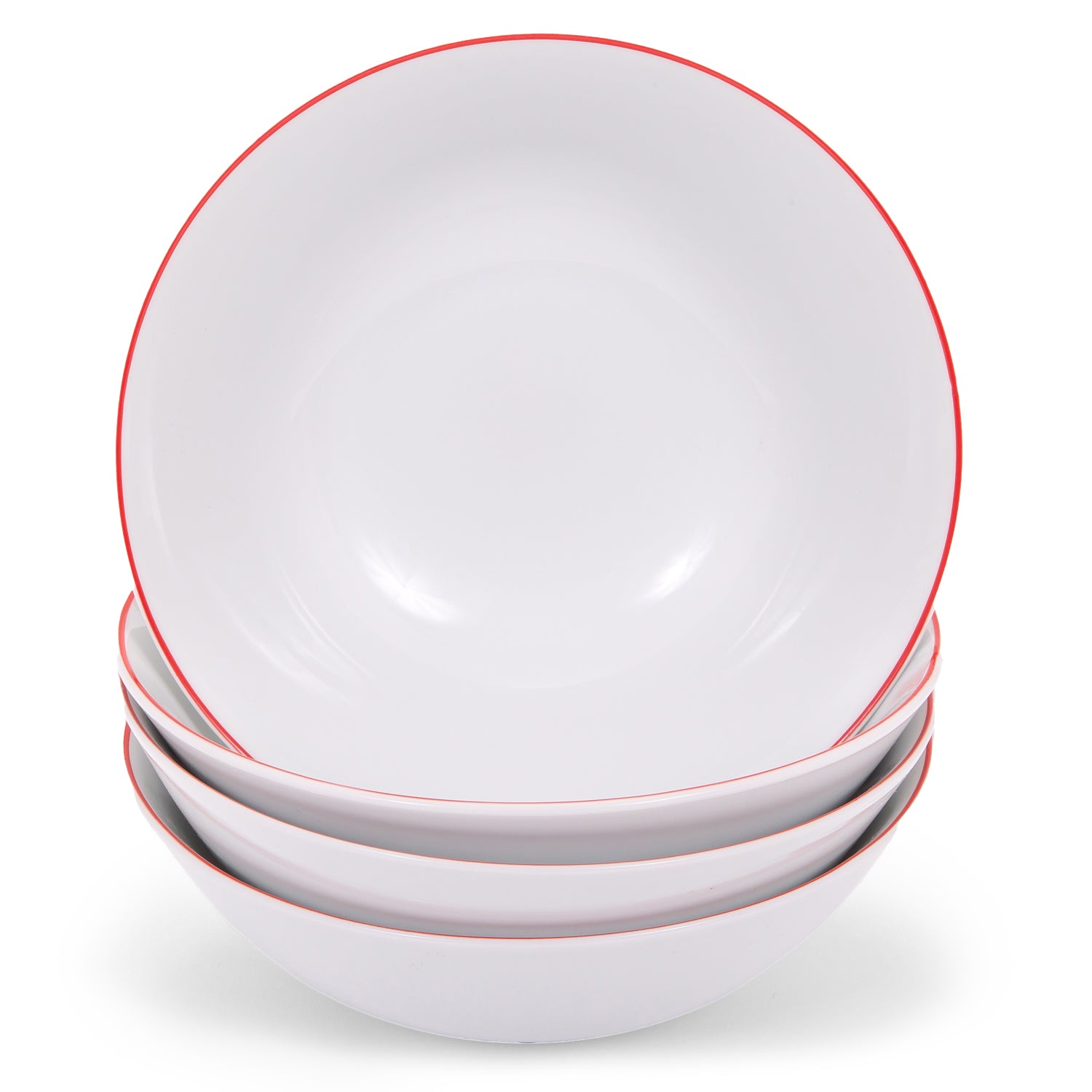 Set of 4 White Ceramic Dinner Bowls with Elegant Red Rim - Durable & Stylish Image 1