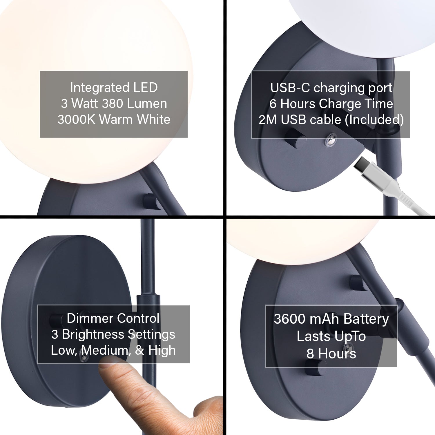 Matt Black Wireless Rechargeable Touch Dimmable Wall Light with Opal White Shade Image 4