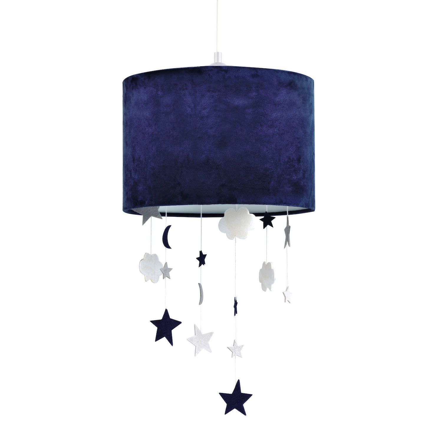 Soft Midnight Blue Velvet Pendant Lamp Shade with Hanging Felt Stars and Clouds Image 1