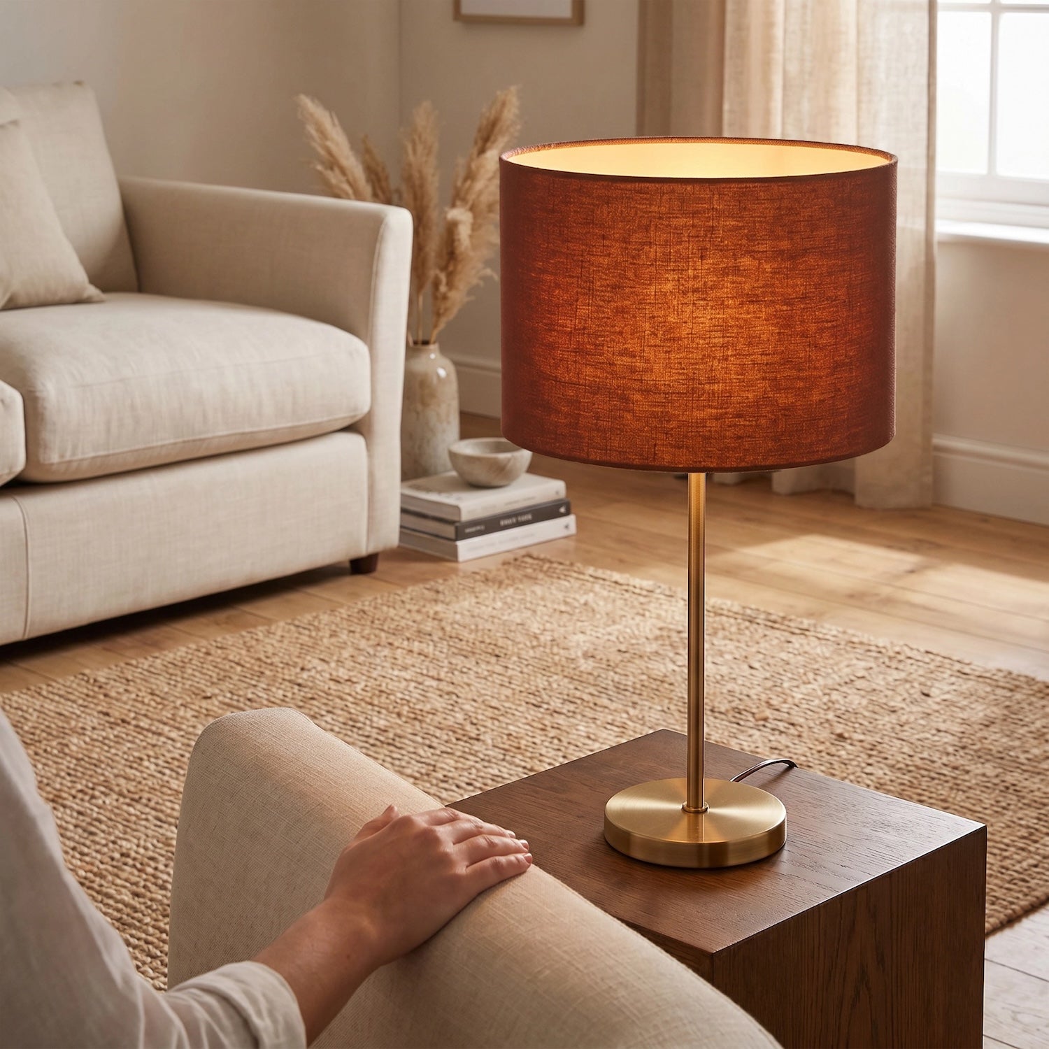 Modern Cinnamon Reddish Brown Textured Linen Fabric Circular Lampshade Image 6