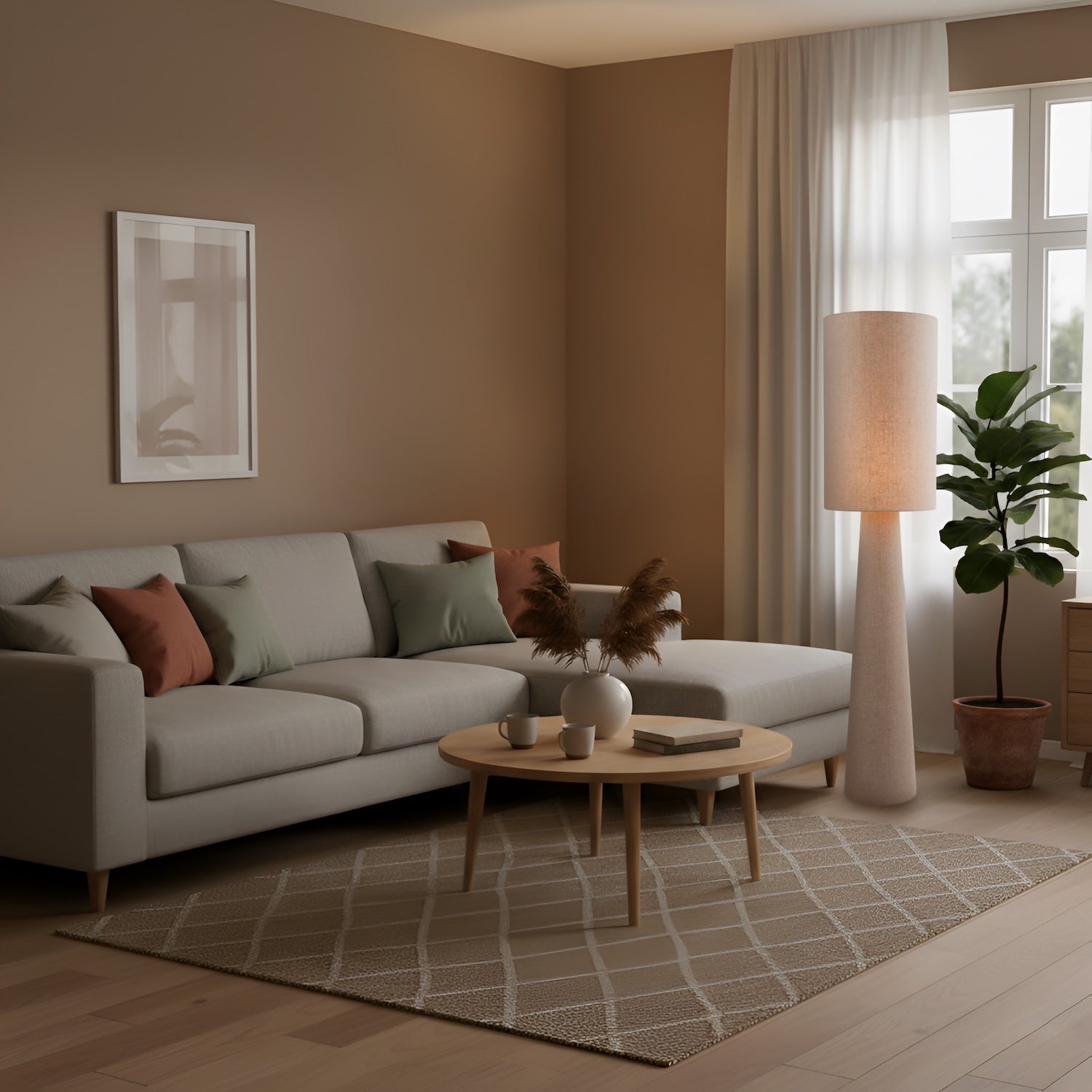 Modern Natural Oatmeal Linen Floor Lamp with Fabric Shade and Base Image 7