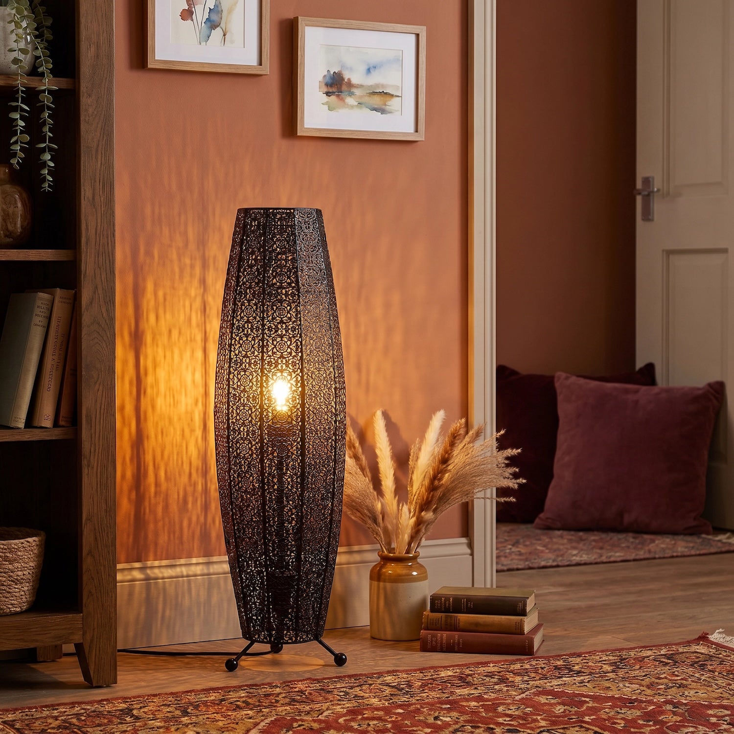 Traditional and Ornate Floral Moroccan Floor Lamp in Black Gloss Image 6