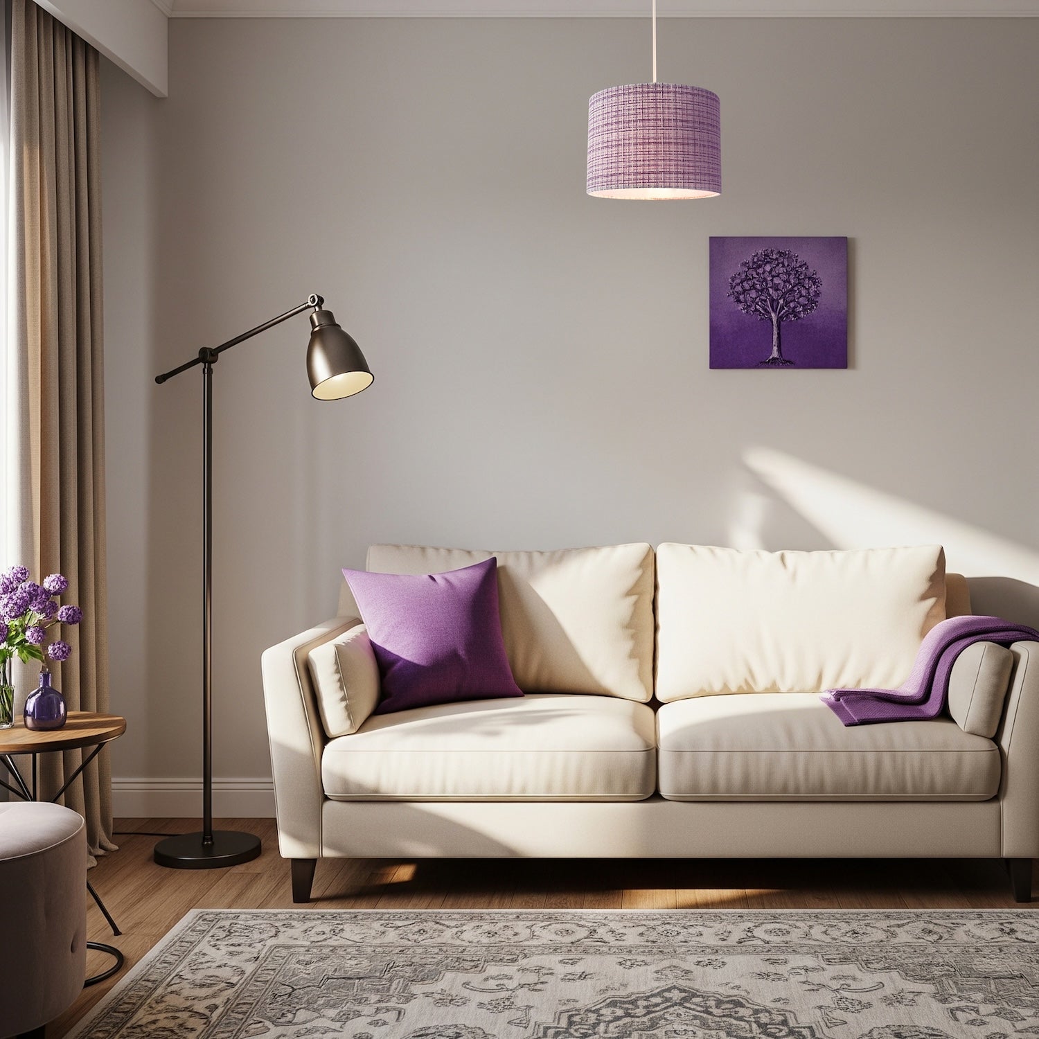 Cross Hatch Design Textured Linen Fabric Lamp Shade in Lilac and White Image 6