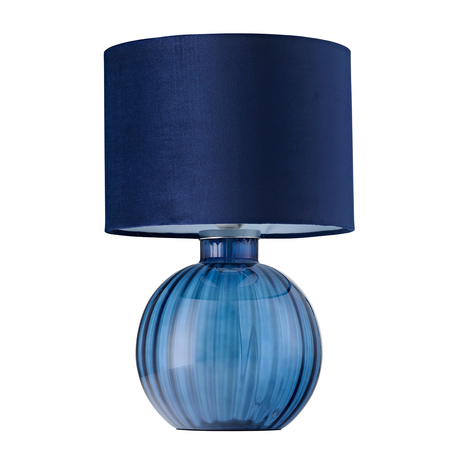 Contemporary Midnight Blue Ribbed Glass Table Lamp with Navy Blue Velvet Shade Image 1