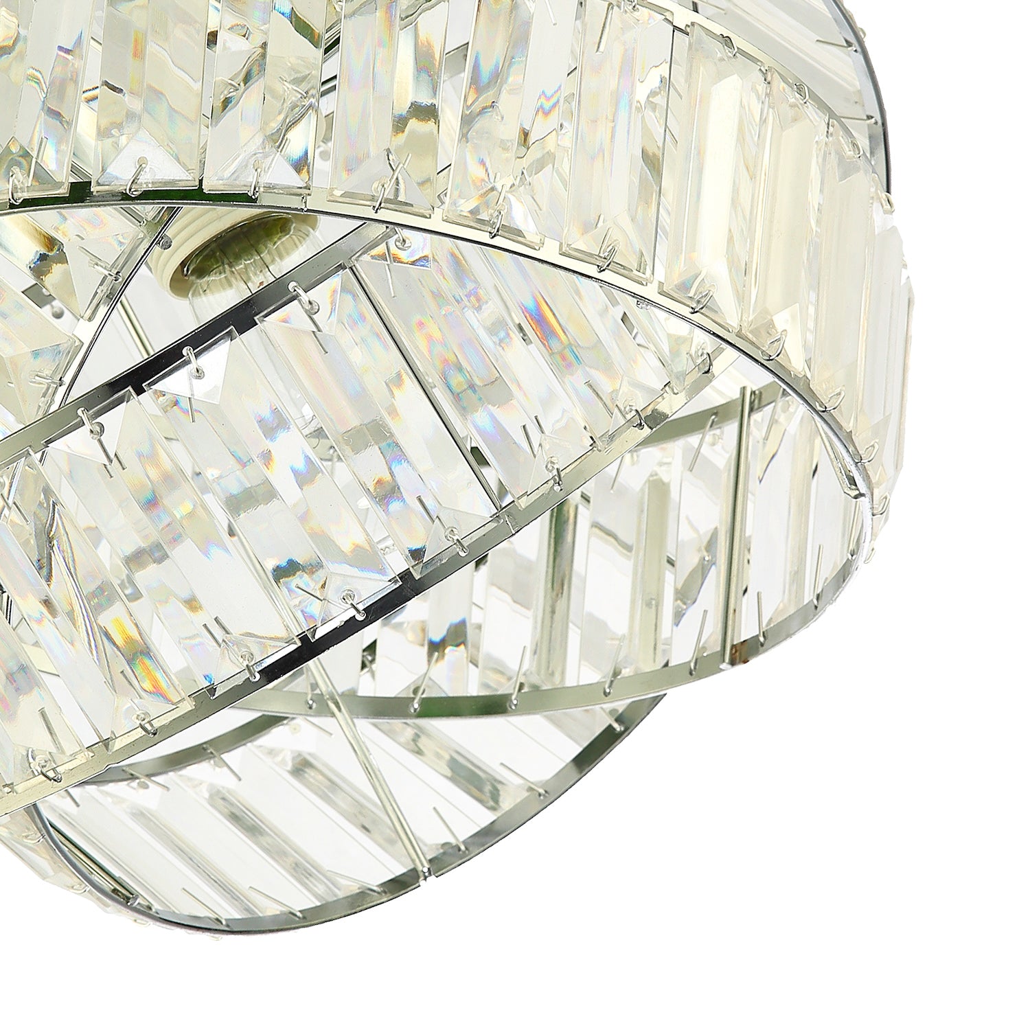 Modern Three Ring Chrome Pendant Lighting Shade with Transparent Acrylic Prisms Image 4