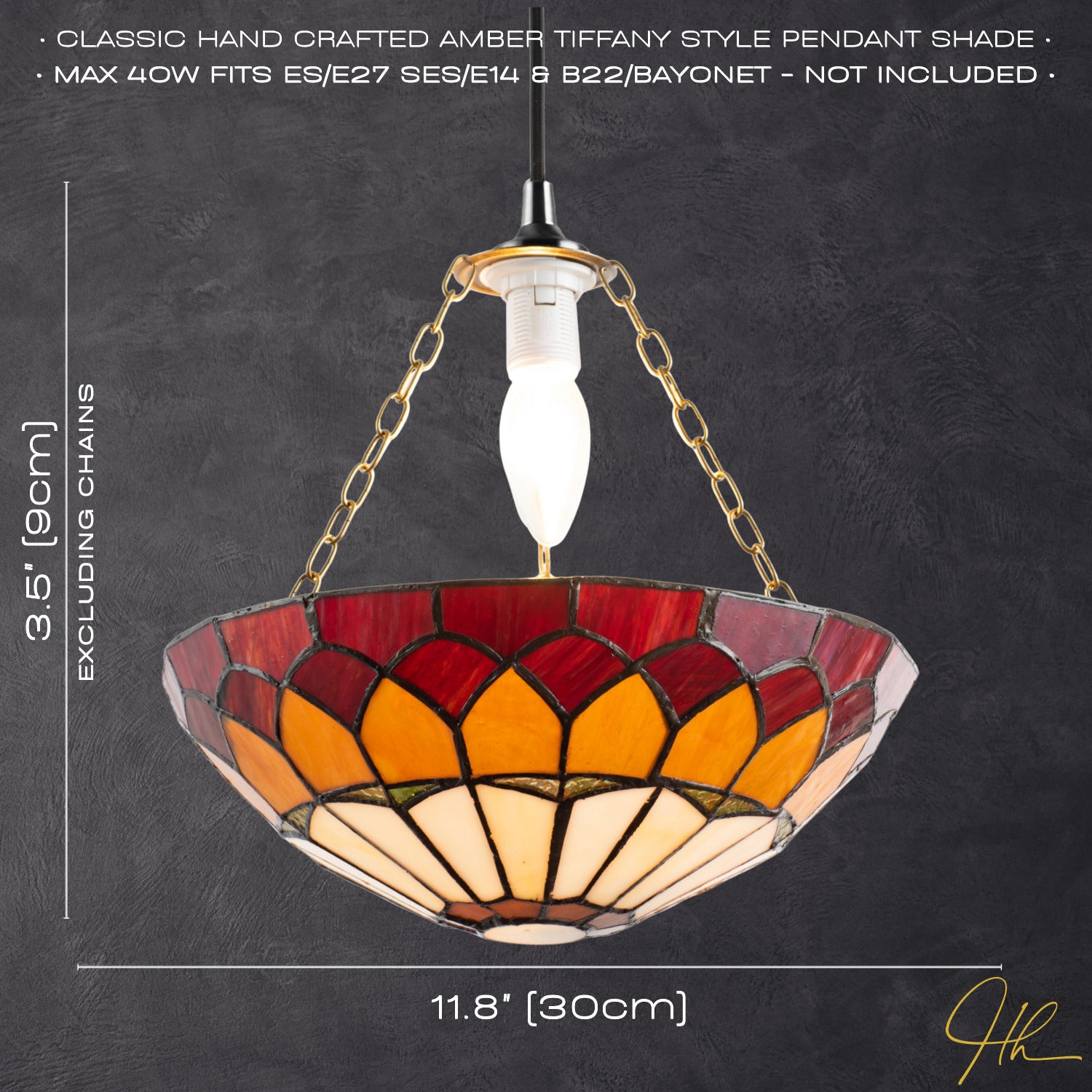 Amber and Red Stained Glass Domed Tiffany Pendant Lamp Shade with Chain Image 6