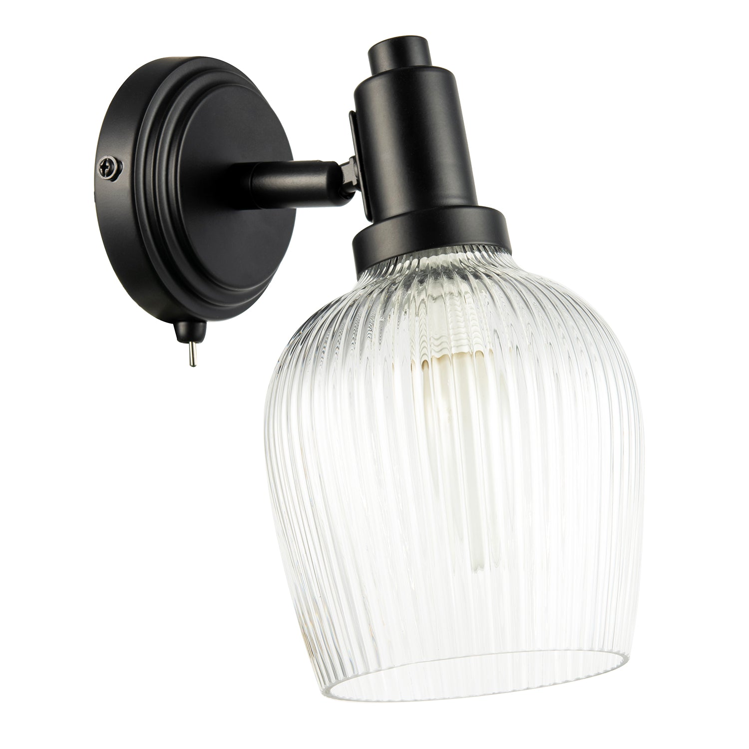Classy Matte Black Switched Wall Light with Clear Ribbed Glass Shade Image 1