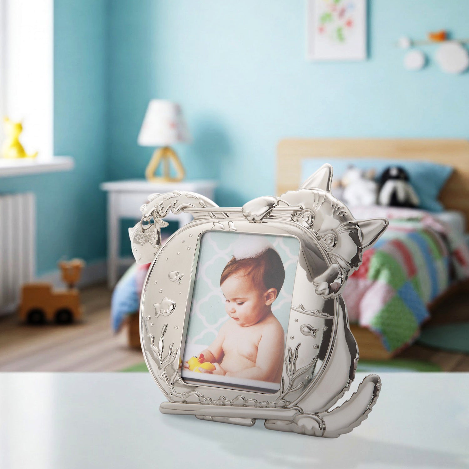 Quirky Hiding Cat Themed Nickel Plated Picture Frame with Hanging Fish Image 7