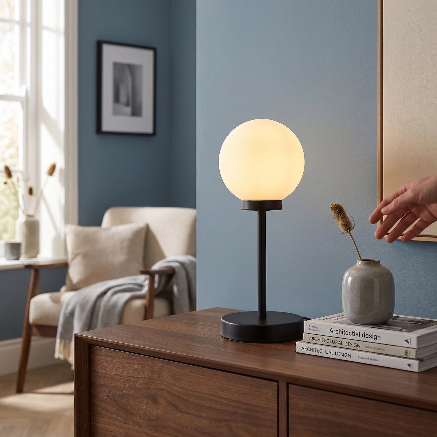 Modern Opal White Glass Globe Table Lamp with Tall Matte Black Stem Image 6