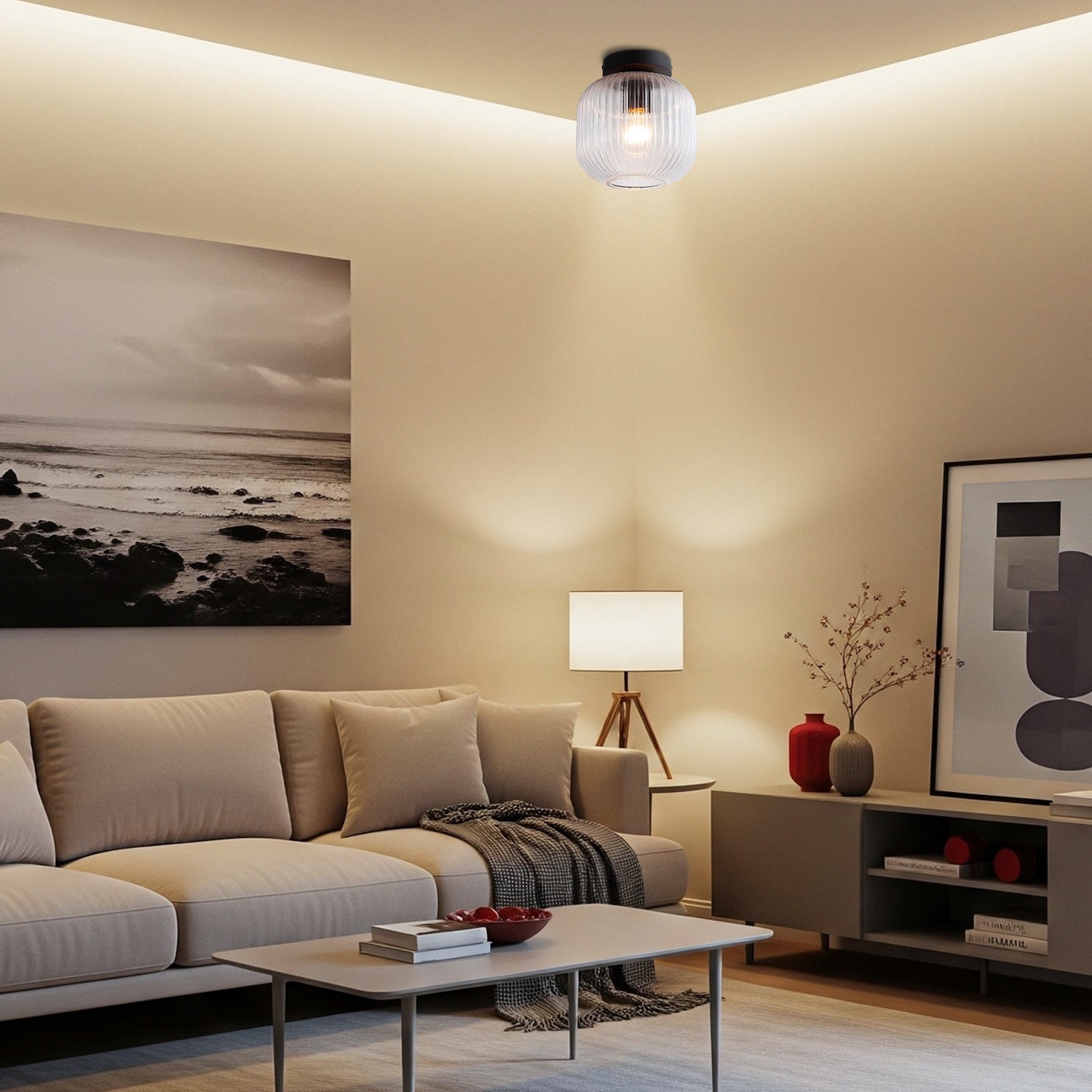 Contemporary Matte Black Ceiling Light with Clear Ribbed Glass Shade Image 6