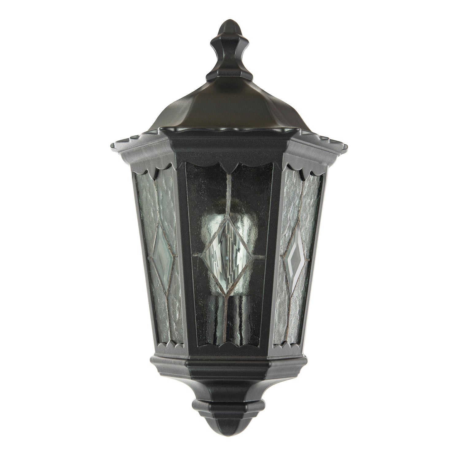 Traditional Black Half Lantern Outdoor Wall Lamp with Cathedral Textured Glass Image 1