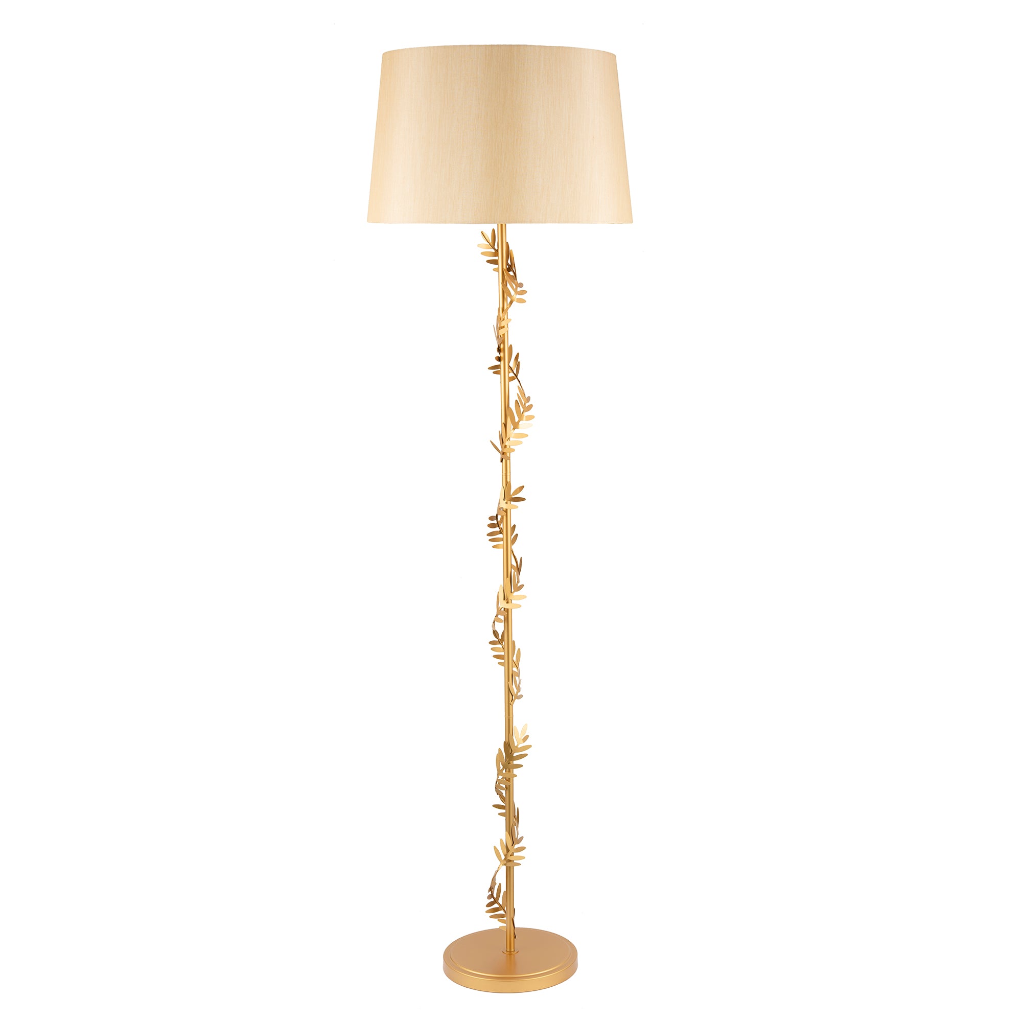 Modern Satin Gold Floor Lamp with Twisting Floral Decor and Linen Fabric Shade Image 1