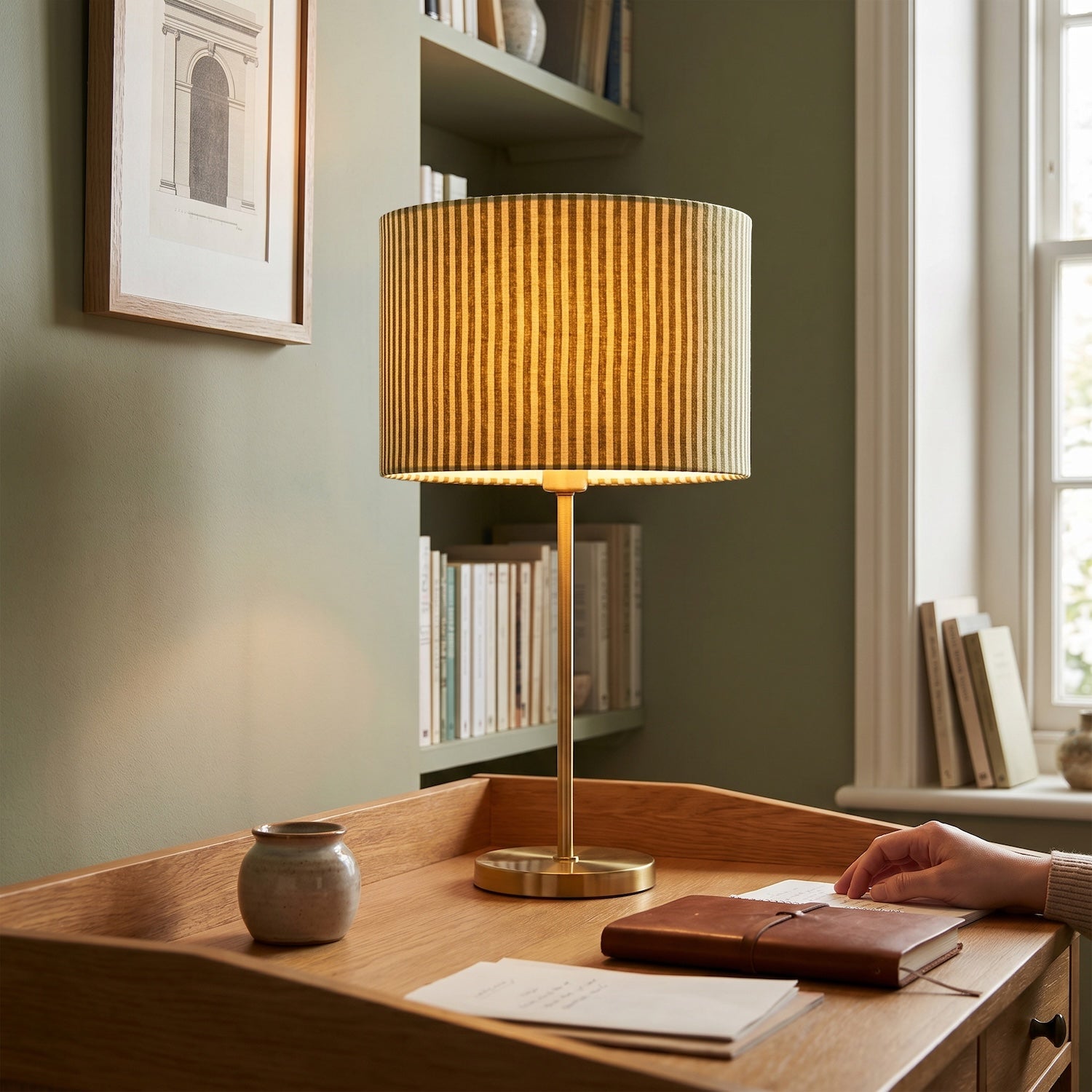 Olive Green Thin Striped Linen Fabric Lamp Shade with Inner Lining Image 6
