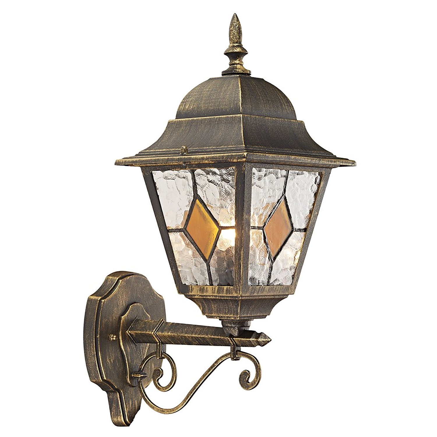 Black/Gold Cast Aluminium Outdoor Wall Light With Amber Leaded Glass Image 1