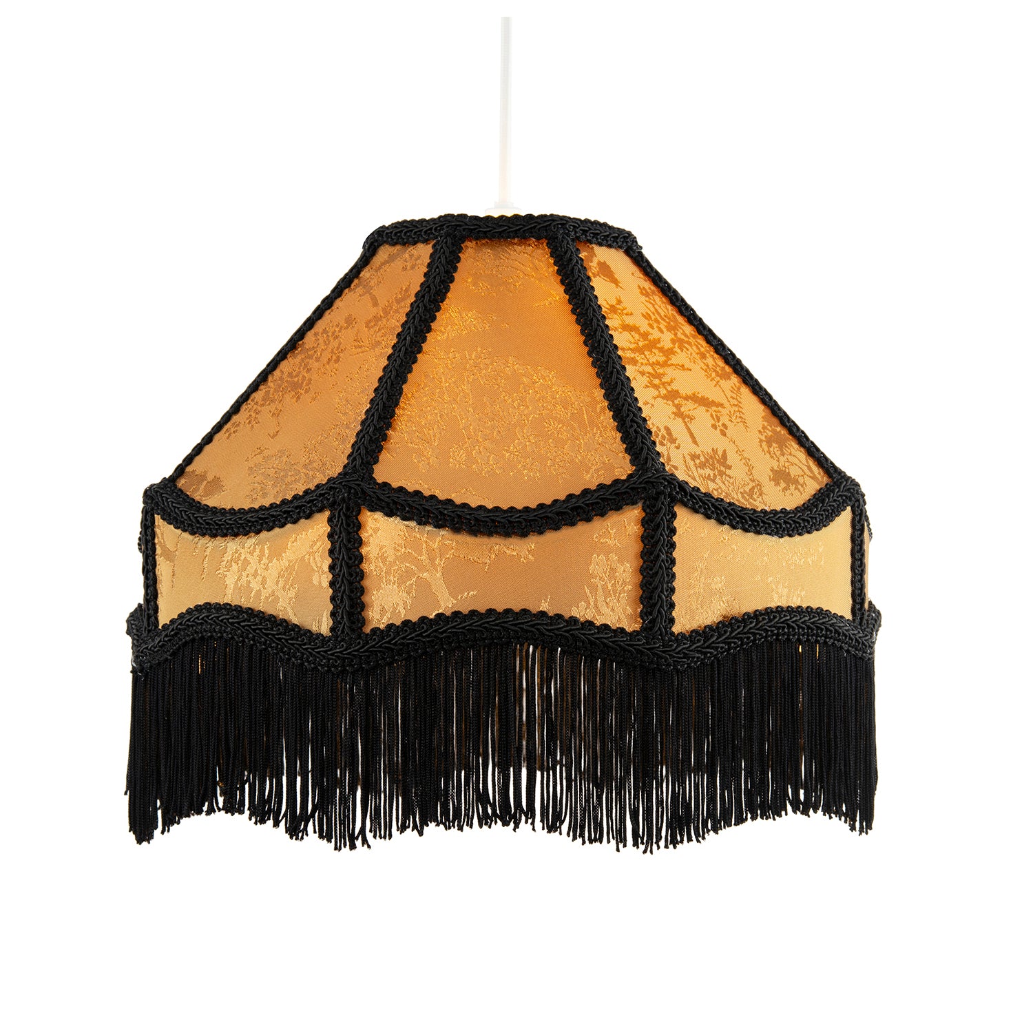 Gold Shimmer Victorian Lamp Shade with Floral Decoration and Black Long Tassels Image 2