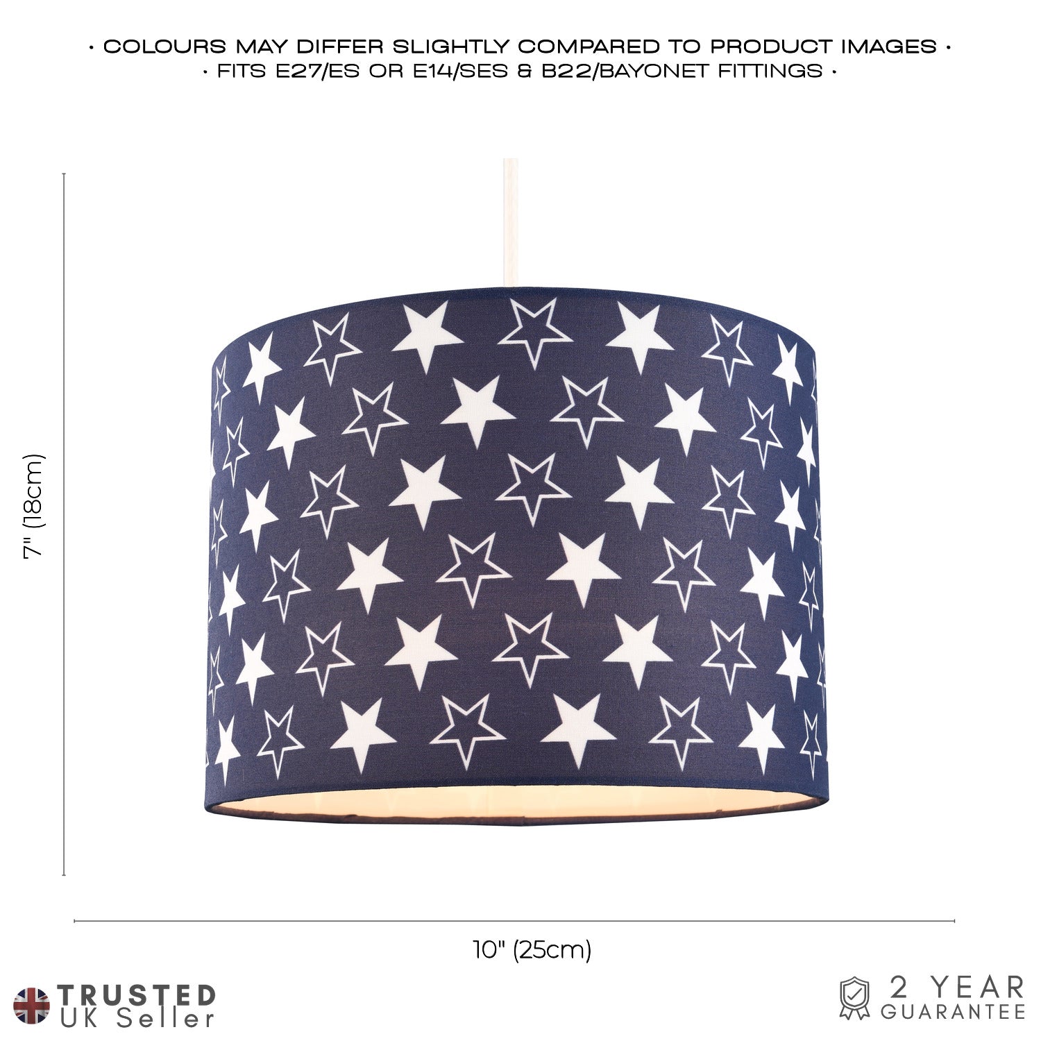 White Stars Children's/Kids Blue Cotton Fabric Bedroom Lamp or Pendant Shade Image 6