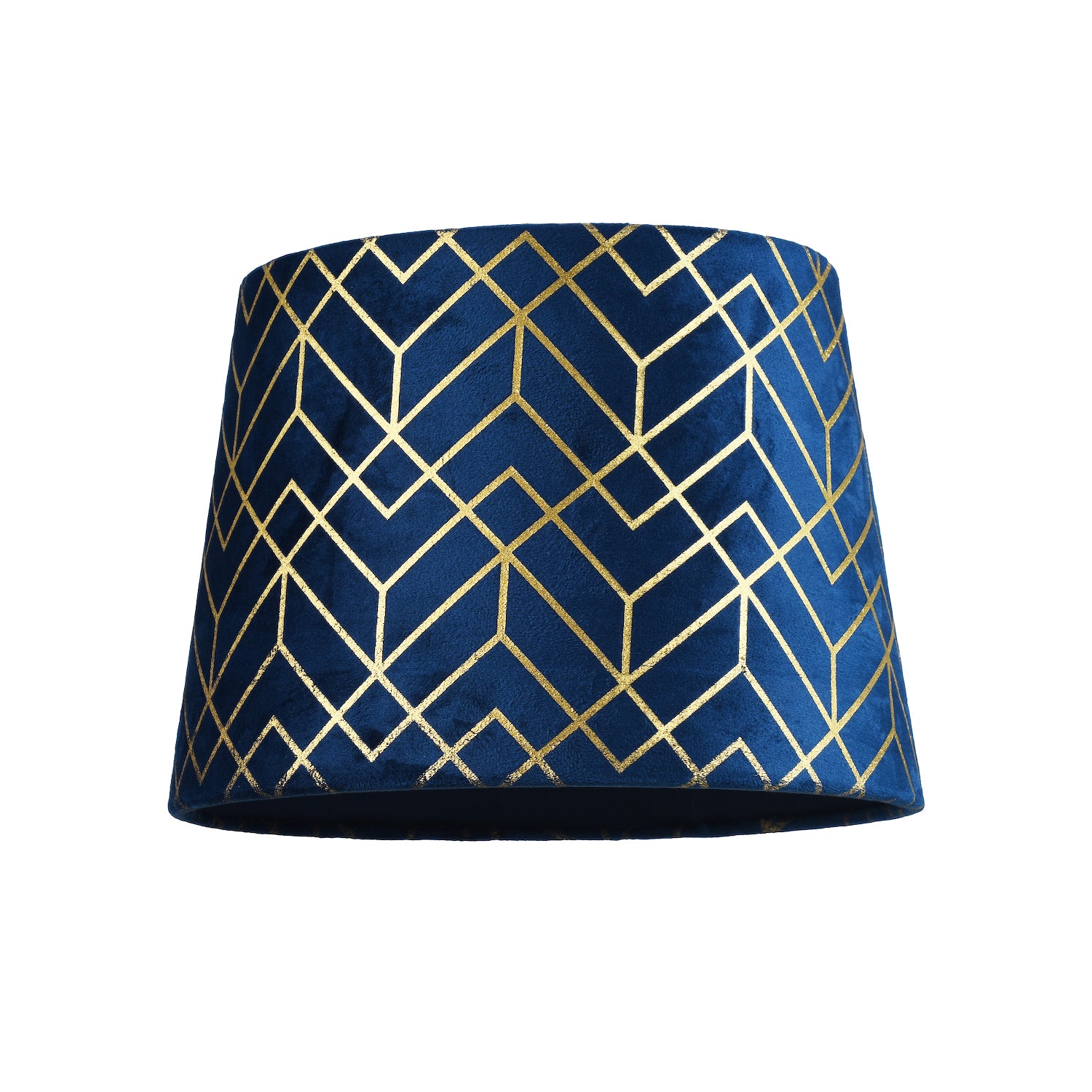 Navy Blue Velvet Lamp Shade with Geometric Design in Metallic Gold Foil Lines Image 1