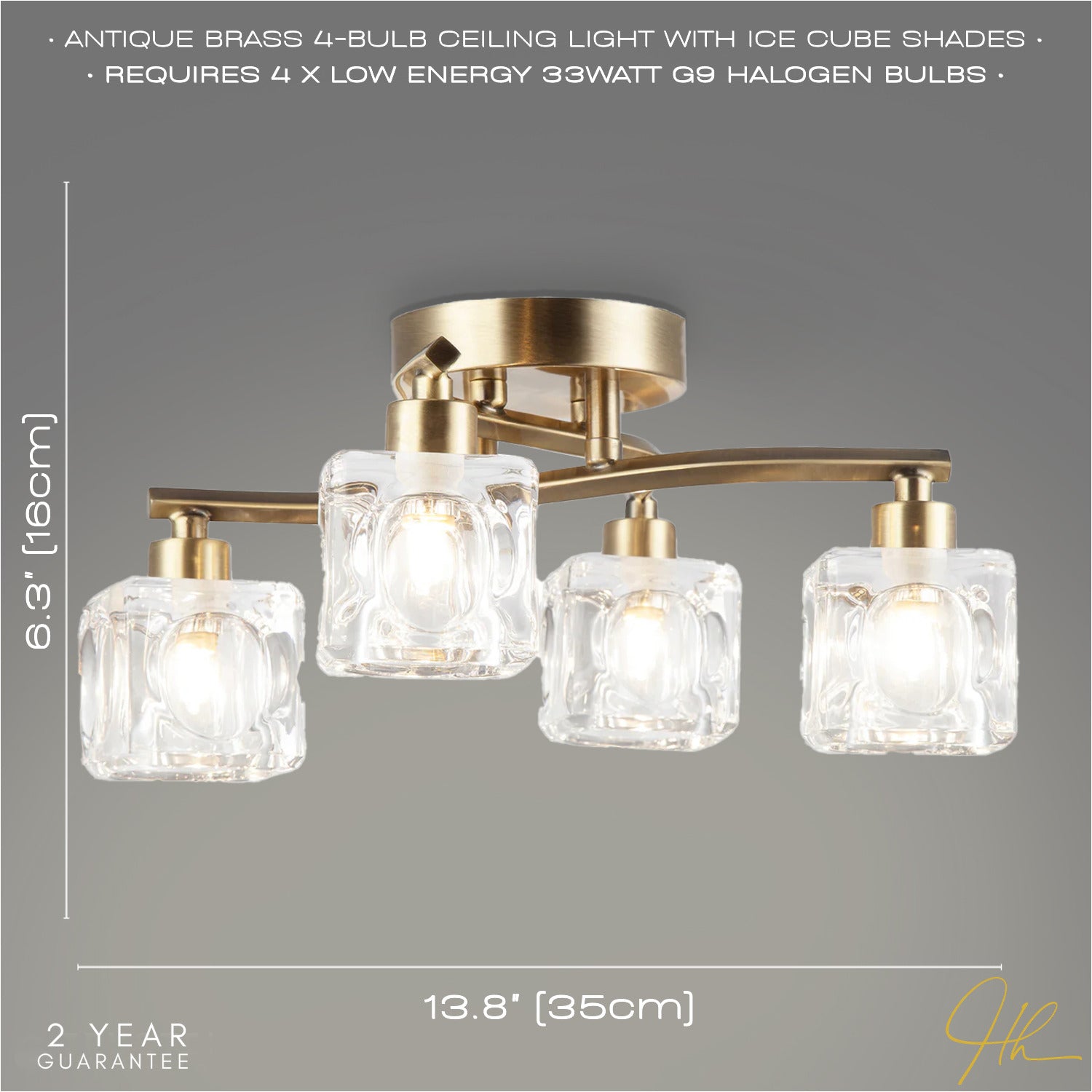 Modern Antique Brass 4-Bulb Ceiling Light with Square Clear Ice Cube Shades Image 6