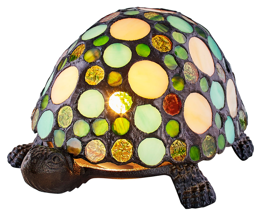 Handmade Green and Amber Pebble Glass Tortoise Tiffany Lamp with Bronze Base Image 4