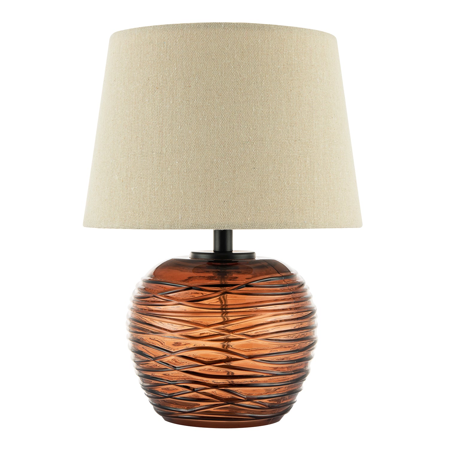 Modern Designer Amber Glass Table Lamp with Oatmeal Beige Linen Fabric Shade Image 2