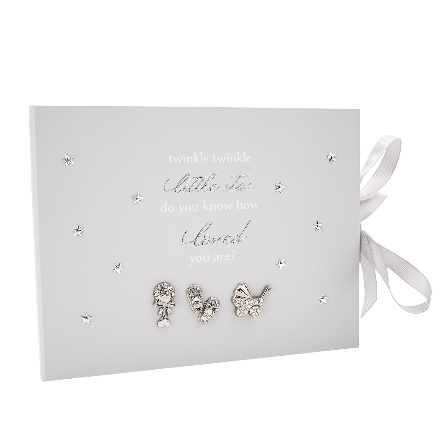Baby Keepsake Guest Book with Silver Plated Rattle Pram and Booties Image 2