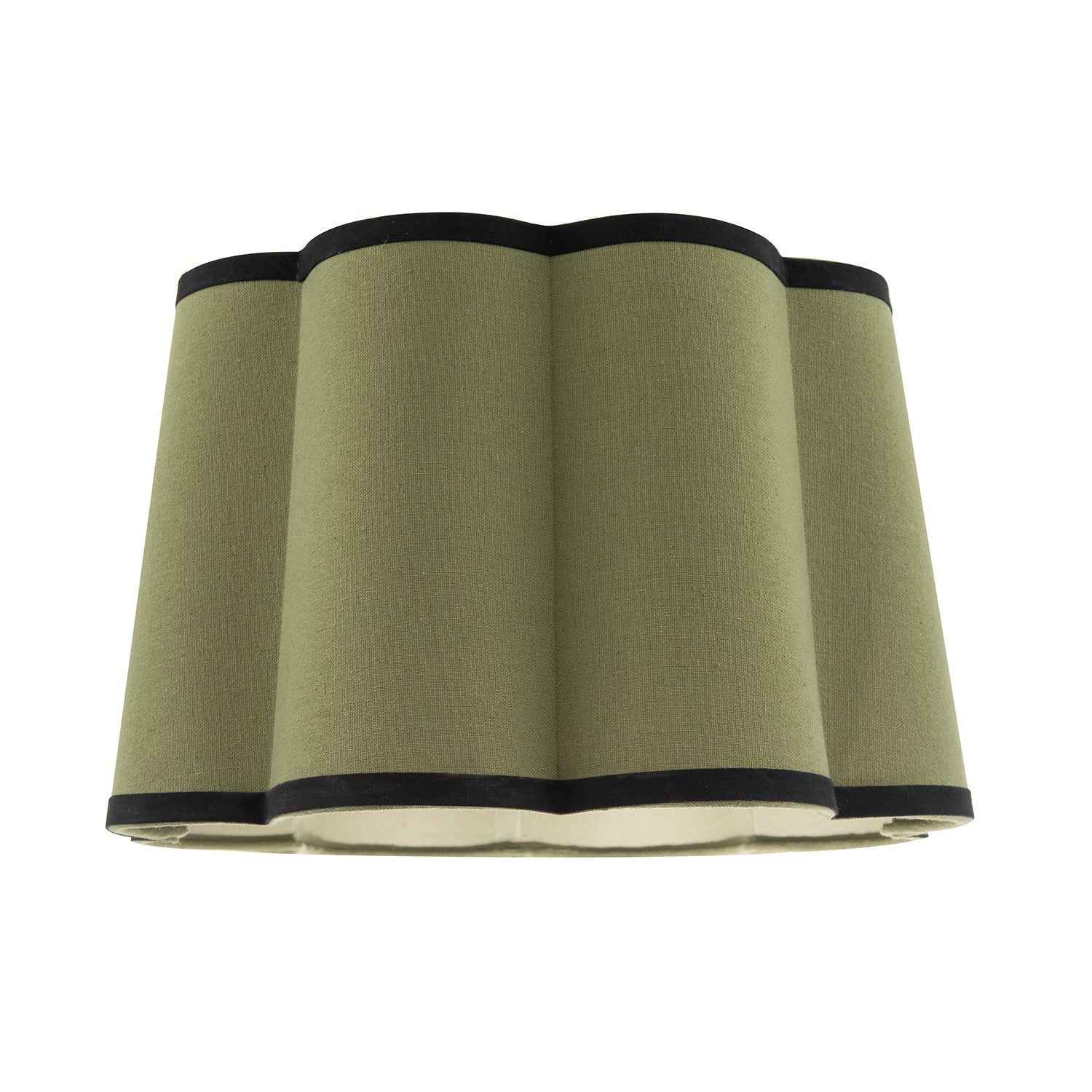 Olive Green Linen Scallop Drum Lamp Shade with Black Cotton Trims Image 1