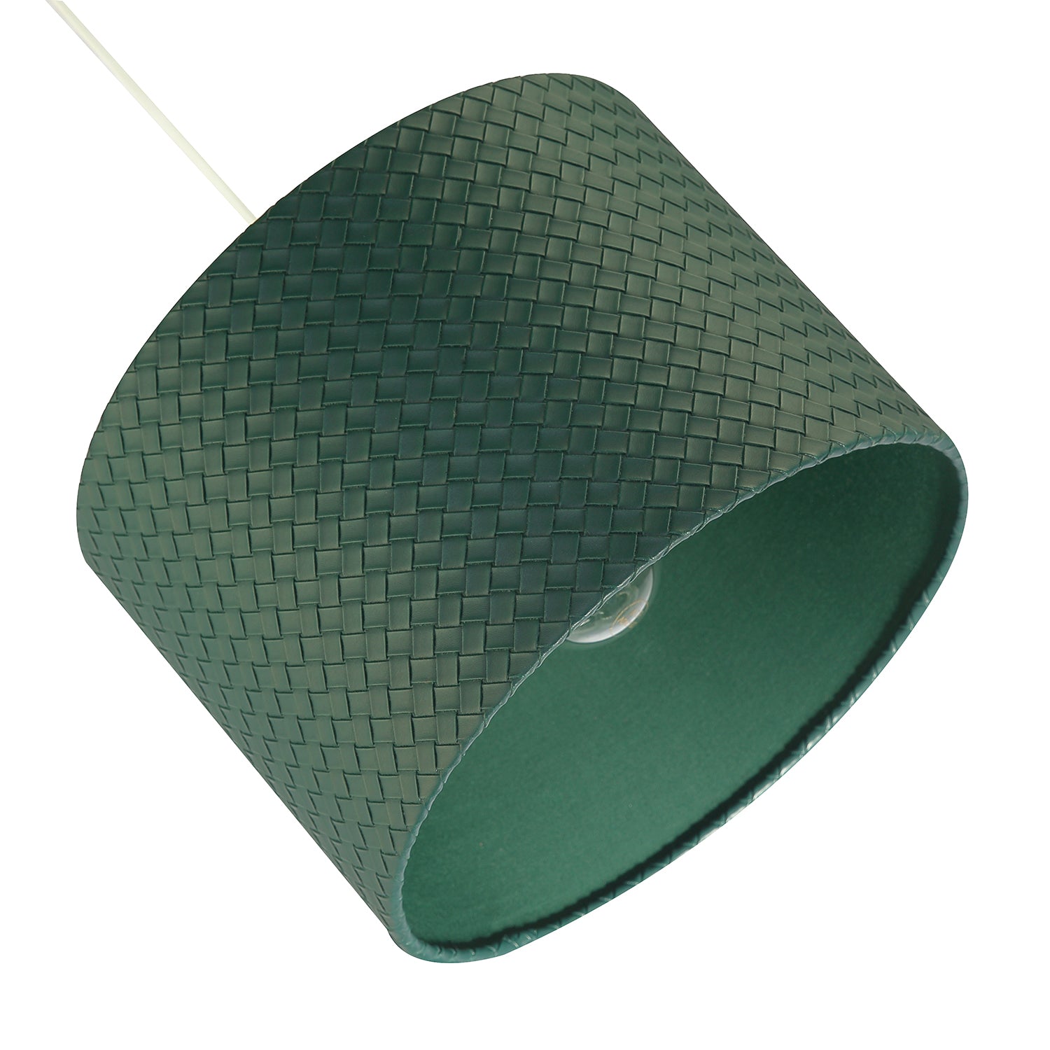 Dark Forest Green Faux-Leather Woven Drum Lampshade with Cotton Lining Image 3