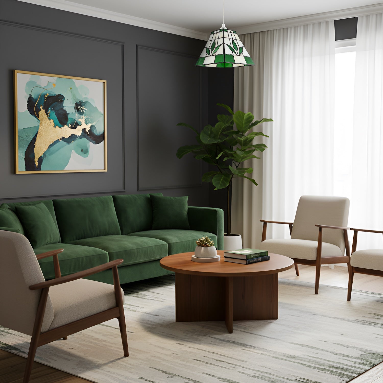 Square Green and Amber Stained Glass Tiffany Pendant Lighting Shade Image 6