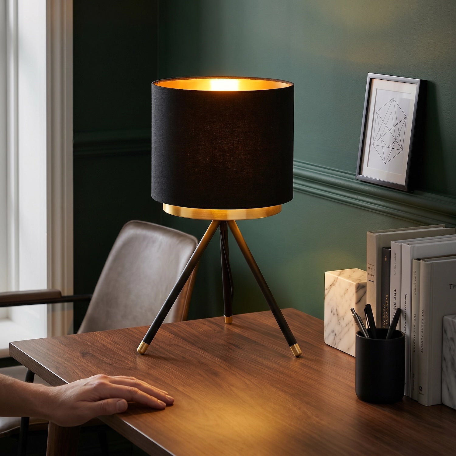 Black Tripod Table Lamp with Gold Metal Ring and Cotton Drum Shade Image 6