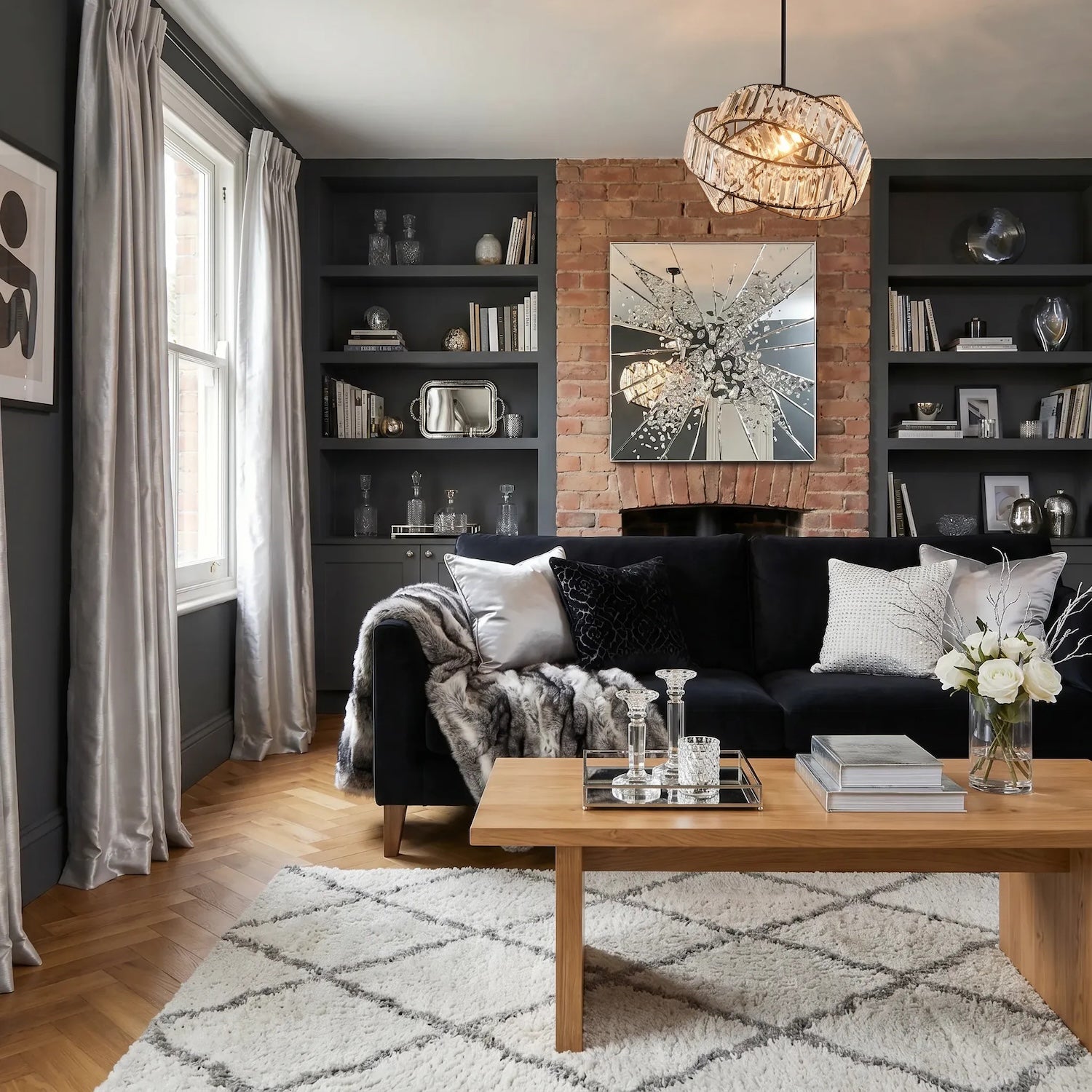 Modern Three Ring Black Pendant Shade with Transparent Acrylic Prisms Image 6