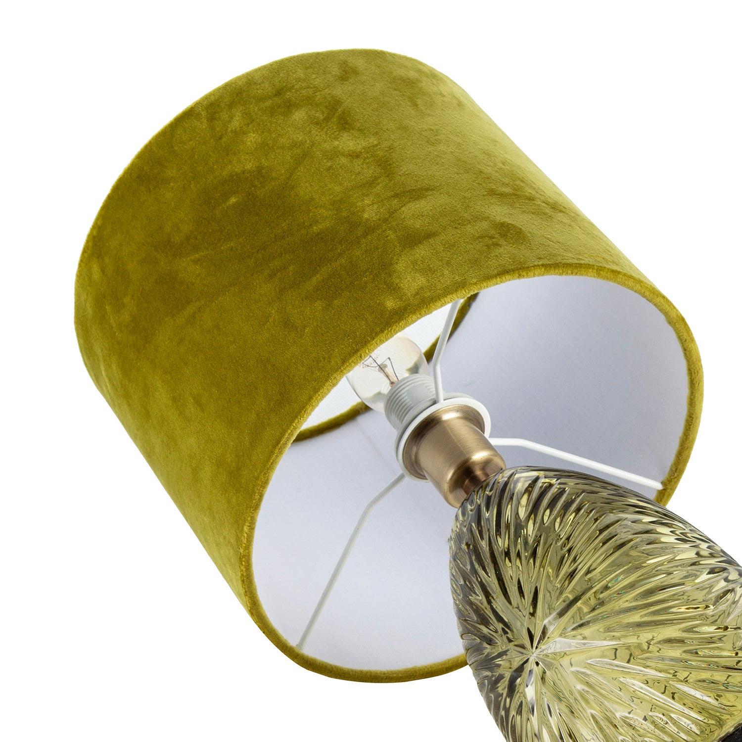 Modern Table Lamp with Faceted Glass Base and Olive Green Velvet Shade Image 4