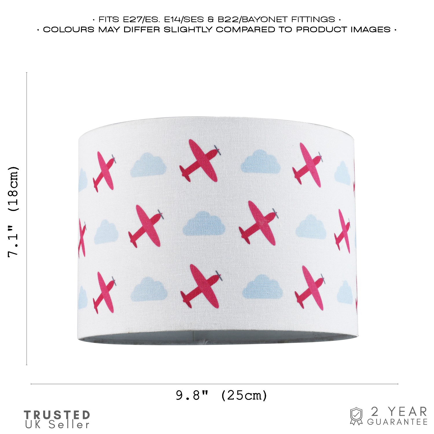 Childs Linen Fabric Drum Lamp Shade with Red Planes and Blue Clouds with Lining Image 7