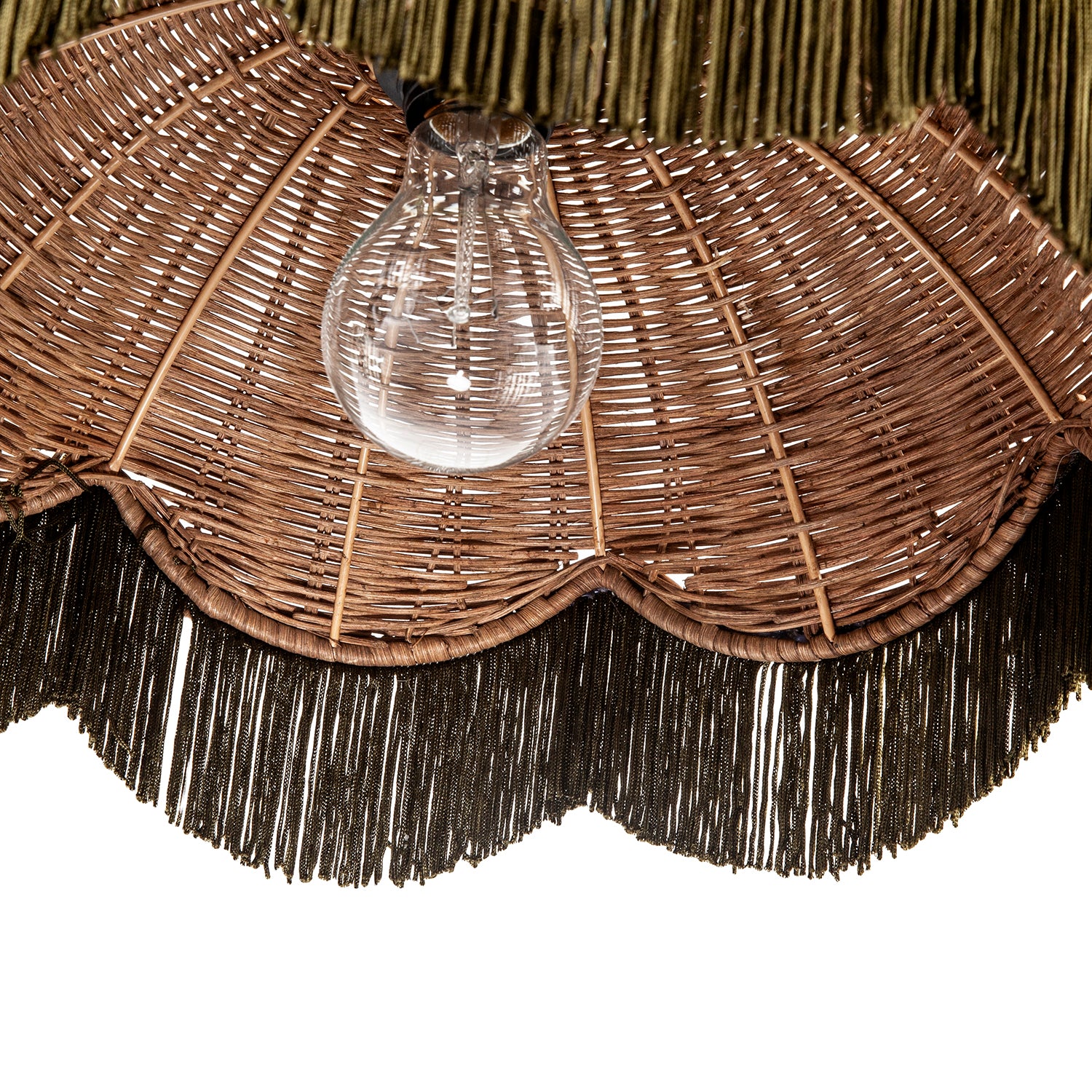 Woven Rattan Pendant Ceiling Shade with Forest Green Trim and Tassels Image 5
