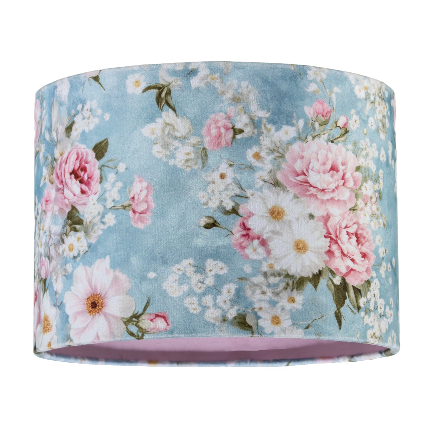 Vintage Chic Sky Blue Velvet Lamp Shade with Pink and White Flowers Image 1