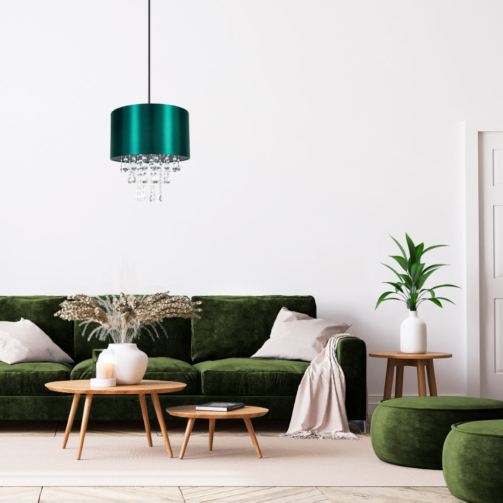 Modern Green Satin Fabric Pendant Light Shade with Transparent Acrylic Droplets Image 5