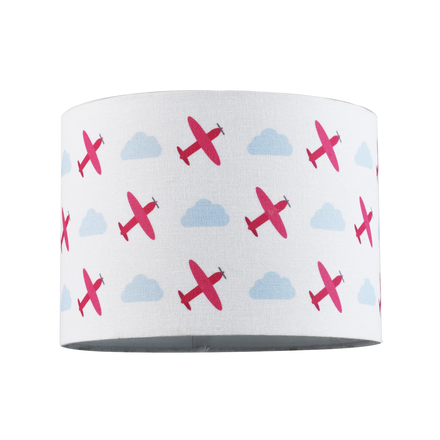 Childs Linen Fabric Drum Lamp Shade with Red Planes and Blue Clouds with Lining Image 1